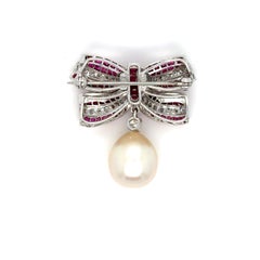 Retro Vintage Diamond, Ruby and Pearl Bow Pin/Pendant in 14K White Gold.
