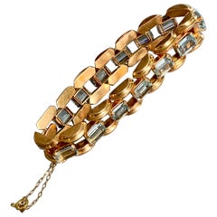 Retro Vintage Emerald Cut Aquamarine 18 Karat Yellow Gold Bracelet