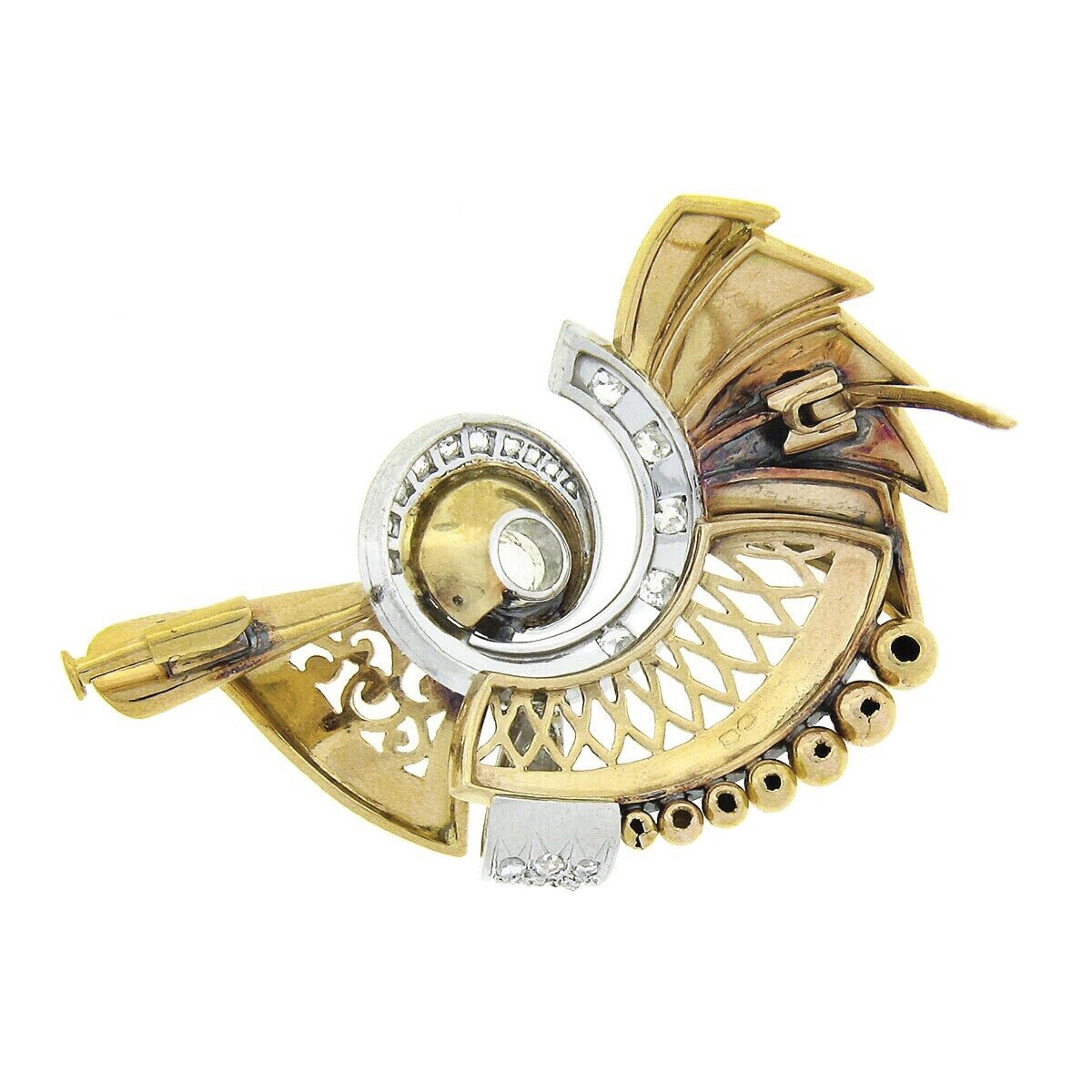 Old European Cut Retro Vintage European 18k Gold Platinum 1.3ct Diamond Bead Open Work Pin Brooch For Sale