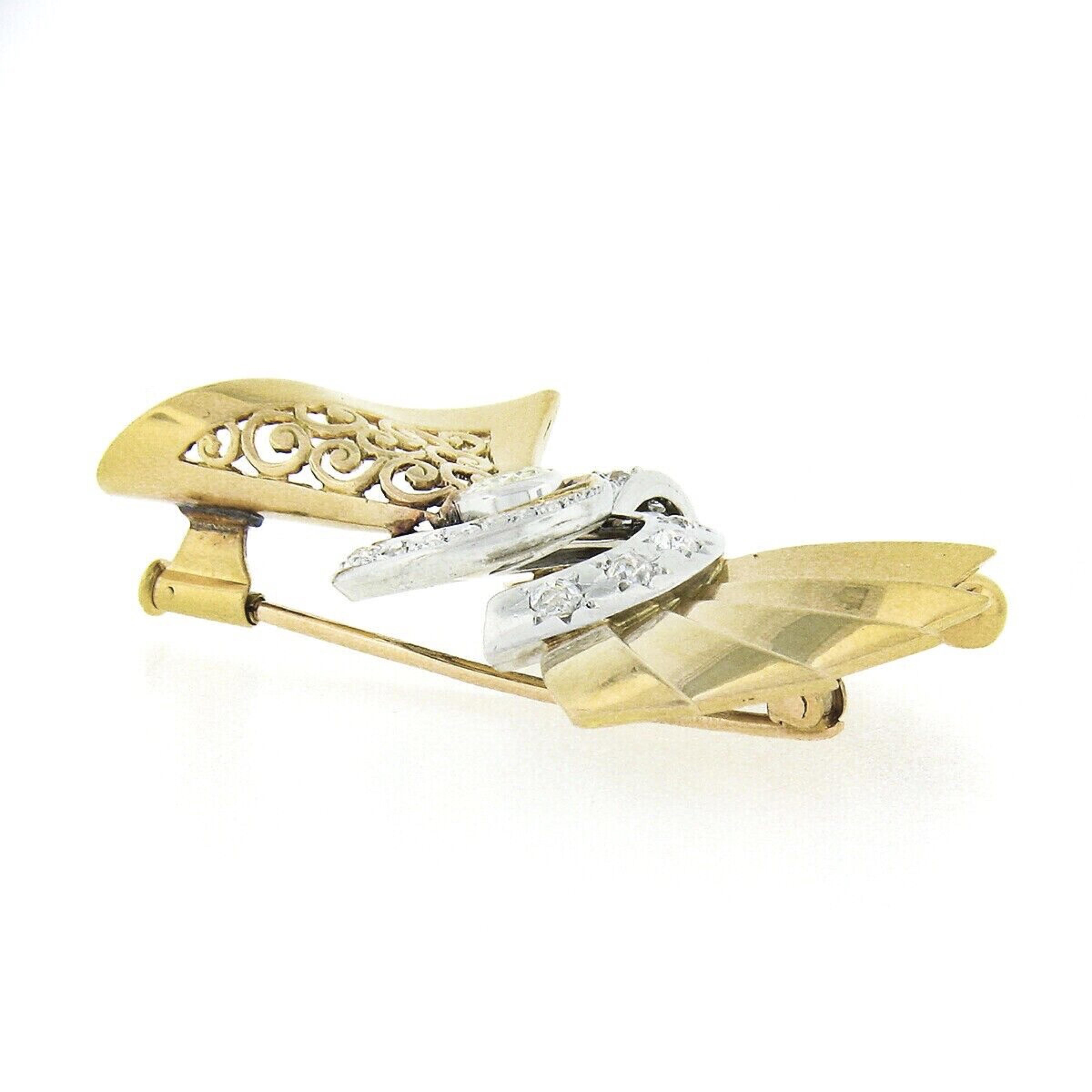 Broche rétro vintage européenne en or 18 carats, platine, diamants 1,3 carat Bon état - En vente à Montclair, NJ