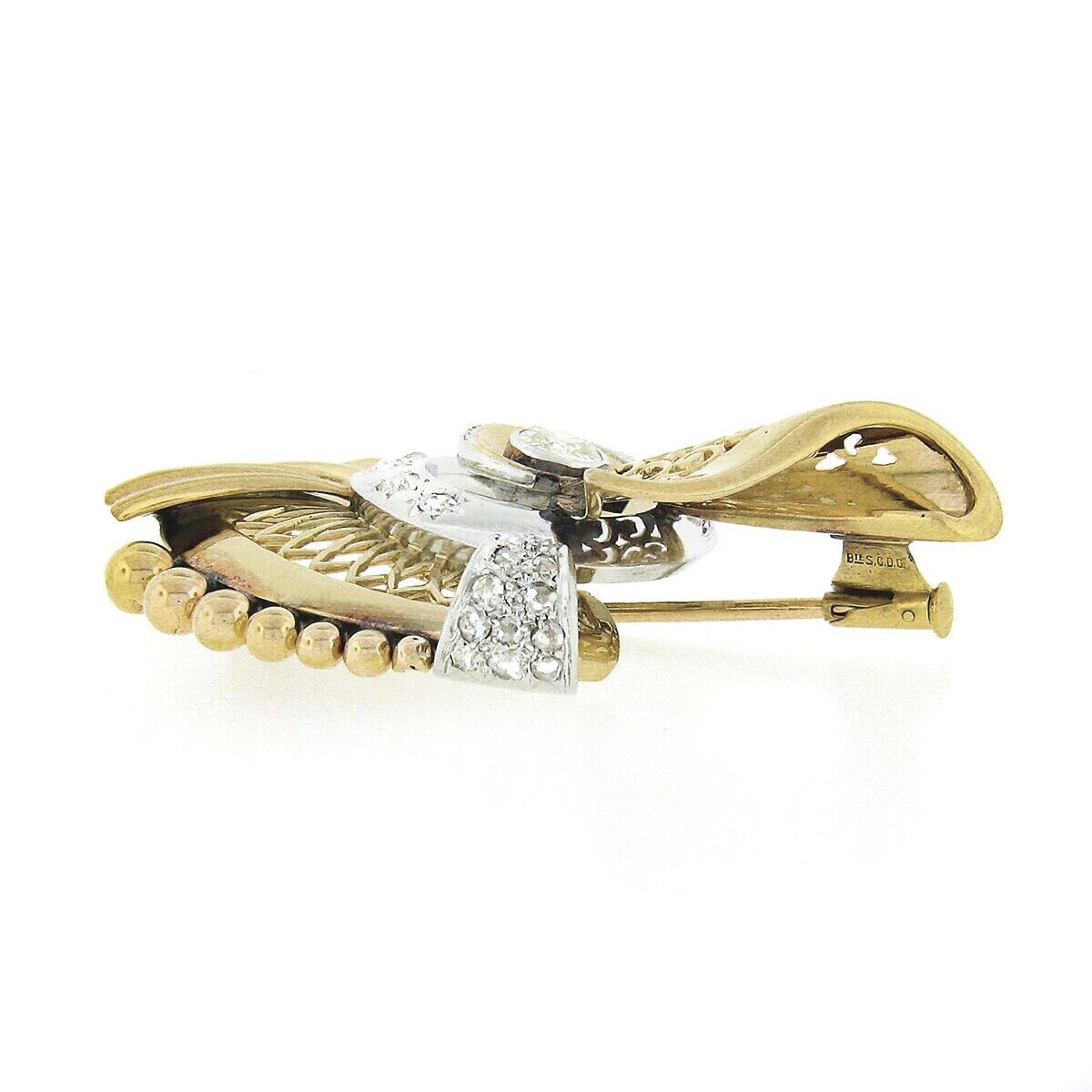 Broche rétro vintage européenne en or 18 carats, platine, diamants 1,3 carat Unisexe en vente