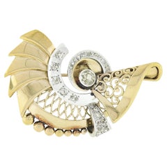 Broche rétro vintage européenne en or 18 carats, platine, diamants 1,3 carat