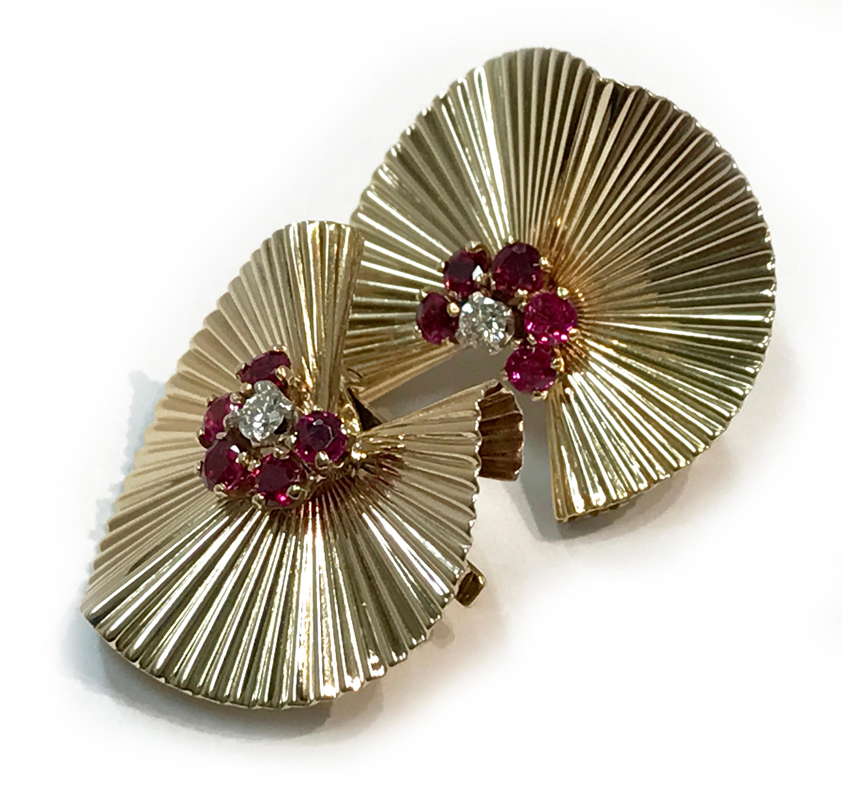 Retro/Vintage Gold Fluted Fan Diamond and Ruby Earrings 1