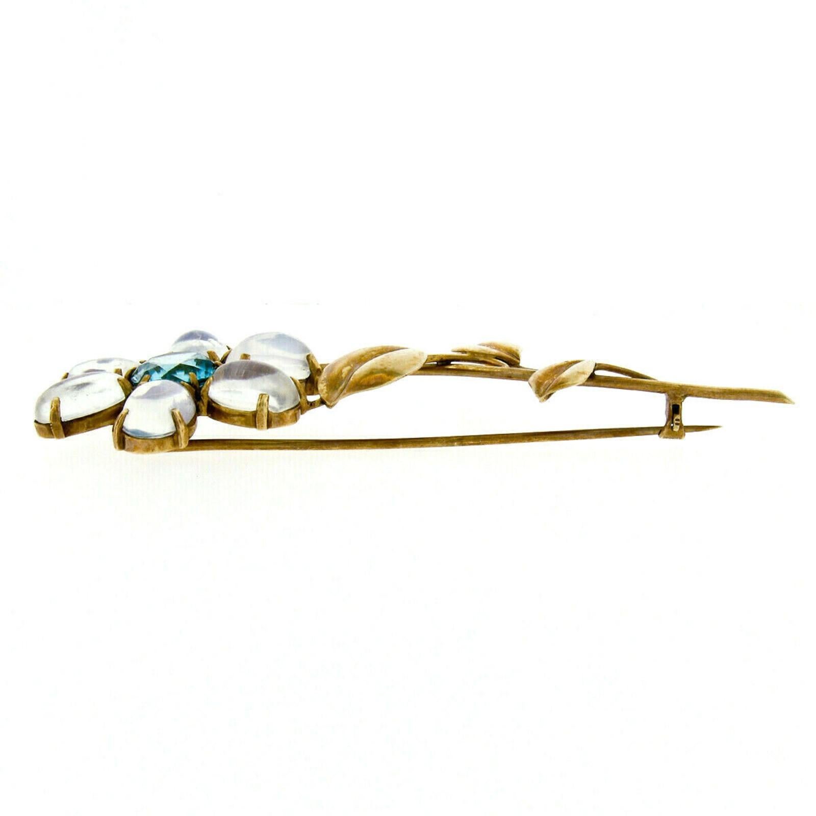Retro Vintage Large14k Yellow Gold 21.3ctw Blue Zircon & Moonstone Brooch Pin In Good Condition In Montclair, NJ
