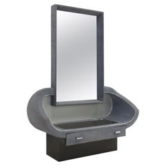 Espejo tocador / tocador de maquillaje retro vintage en gris azulado y terciopelo cromado, años 80