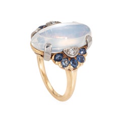 Retro Vintage Moonstone Sapphire Ring Diamond Sz 6.25 14k Gold Palladium 1940s