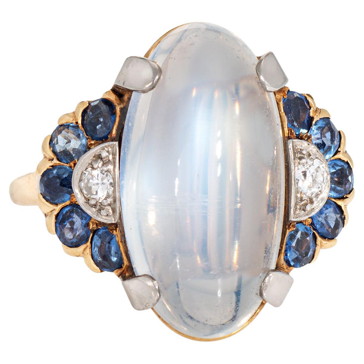 Retro Vintage Moonstone Sapphire Ring Diamond Sz 6.25 14k Gold Palladium 1940s For Sale