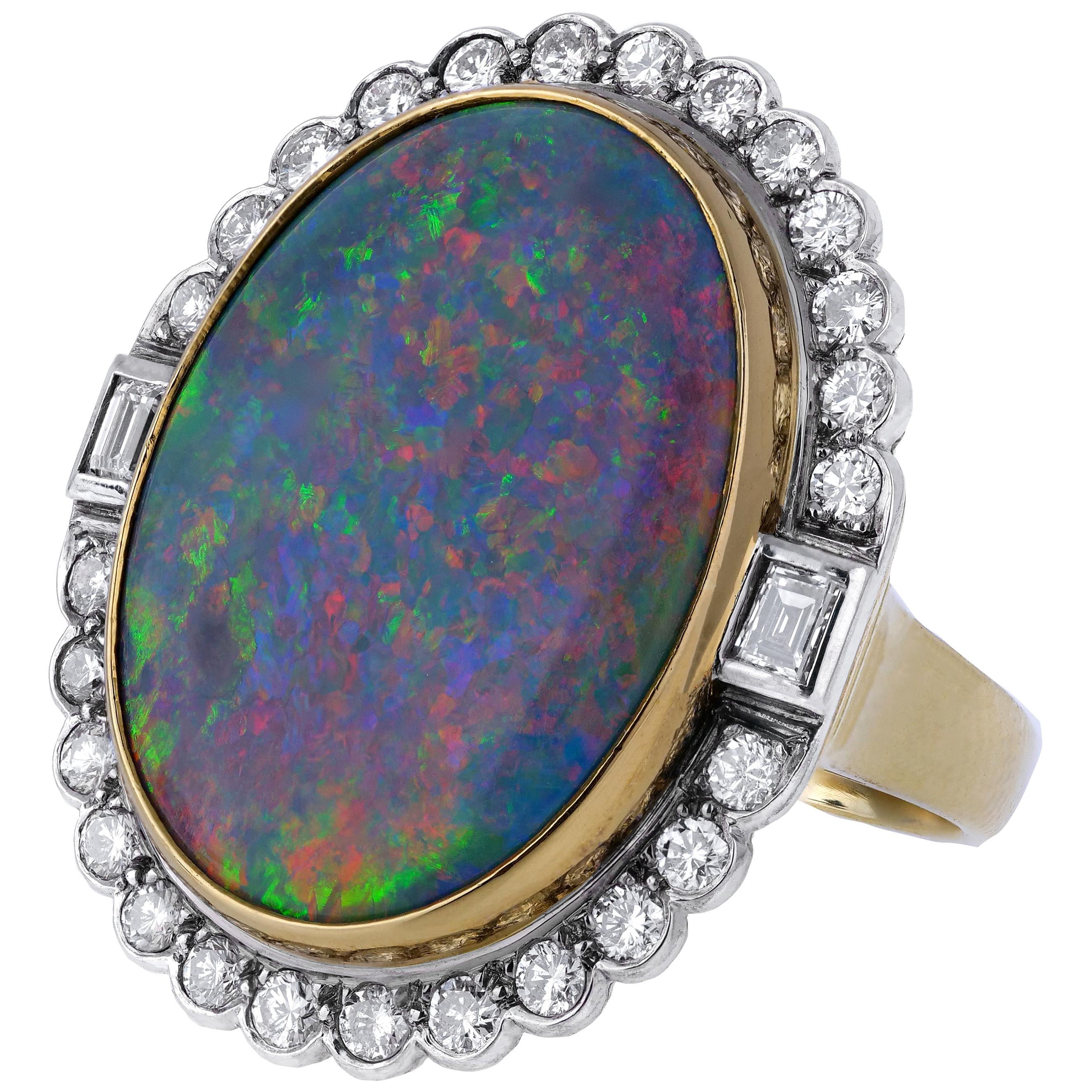 Retro, Vintage Multi-Color Australian Opal & Diamond Dress Ring in 18 Karat Gold