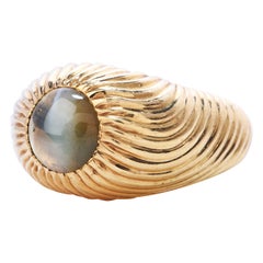 Retro Vintage Natural Chrysoberyl Cats Eye 18k Gold Textured Men's Ring