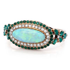 Retro Vintage Opal Diamond Emerald 14K Rose Gold Halo Bangle Bracelet
