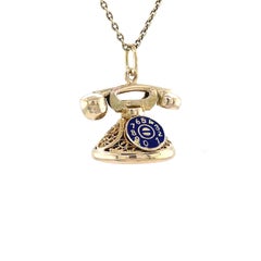 Retro Vintage Rotary Telephone Charm, Enameled Details & Filigree 14K Gold