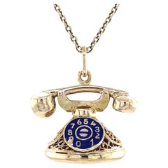 Retro Vintage Rotary Telephone Charm, Enameled Details & Filigree 14K Gold