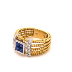 Retro Vintage Sapphires Diamonds 18K Gold Rope Ring