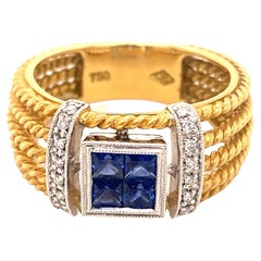 Retro Vintage Sapphires Diamonds 18K Gold Rope Ring