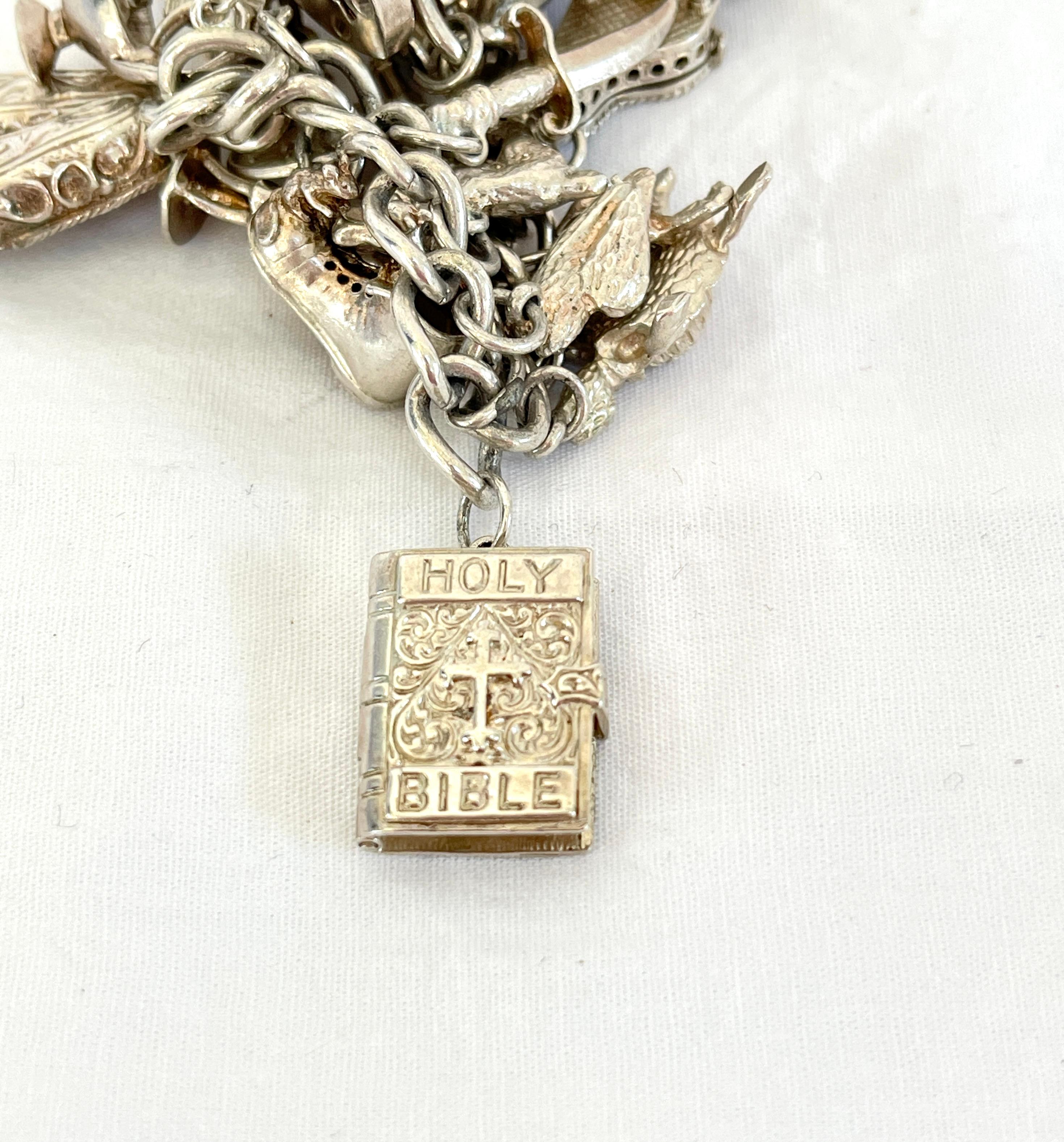 Retro Vintage Sterling Silver Charm Bracelet C1970s with Opening Charms 8