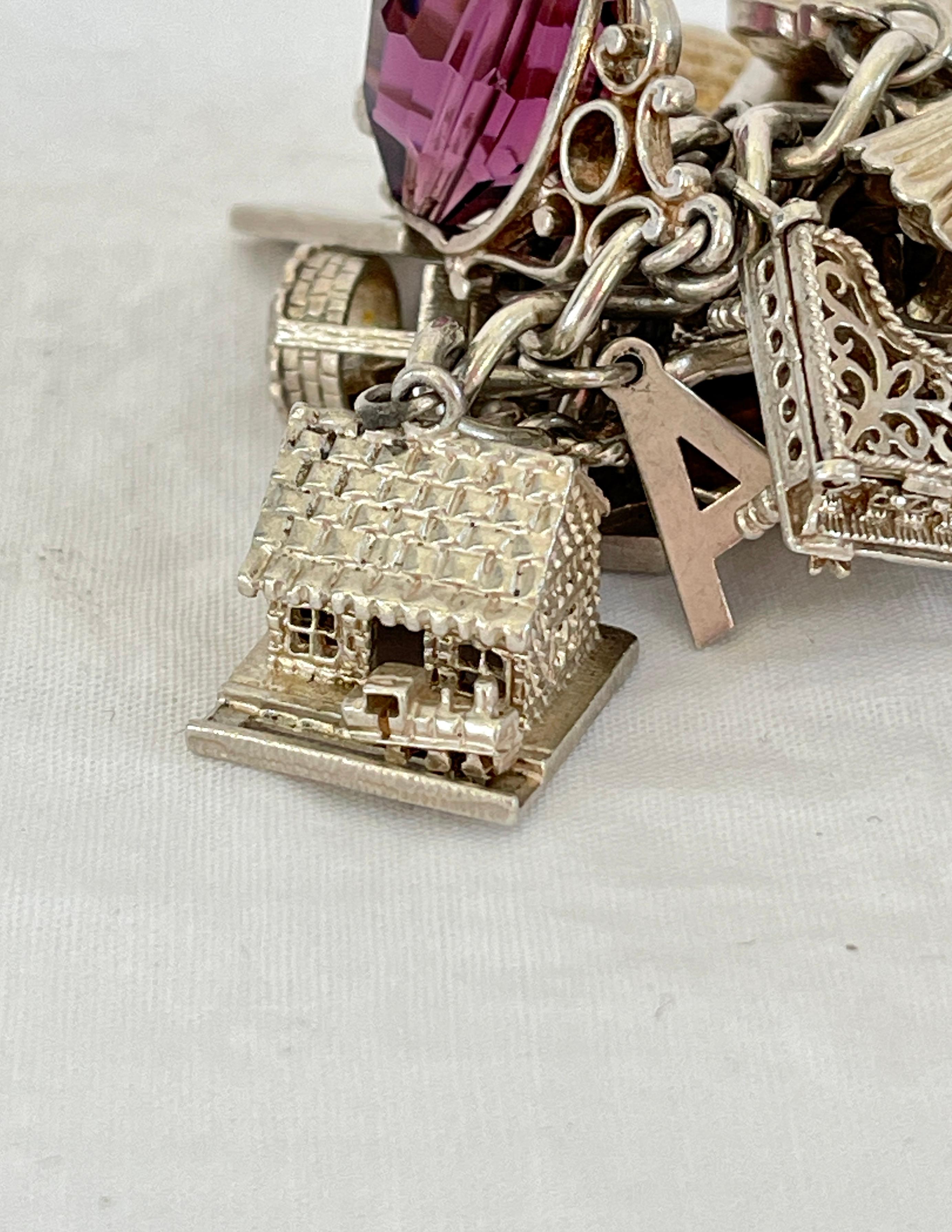 Retro Vintage Sterling Silver Charm Bracelet C1970s with Opening Charms 13