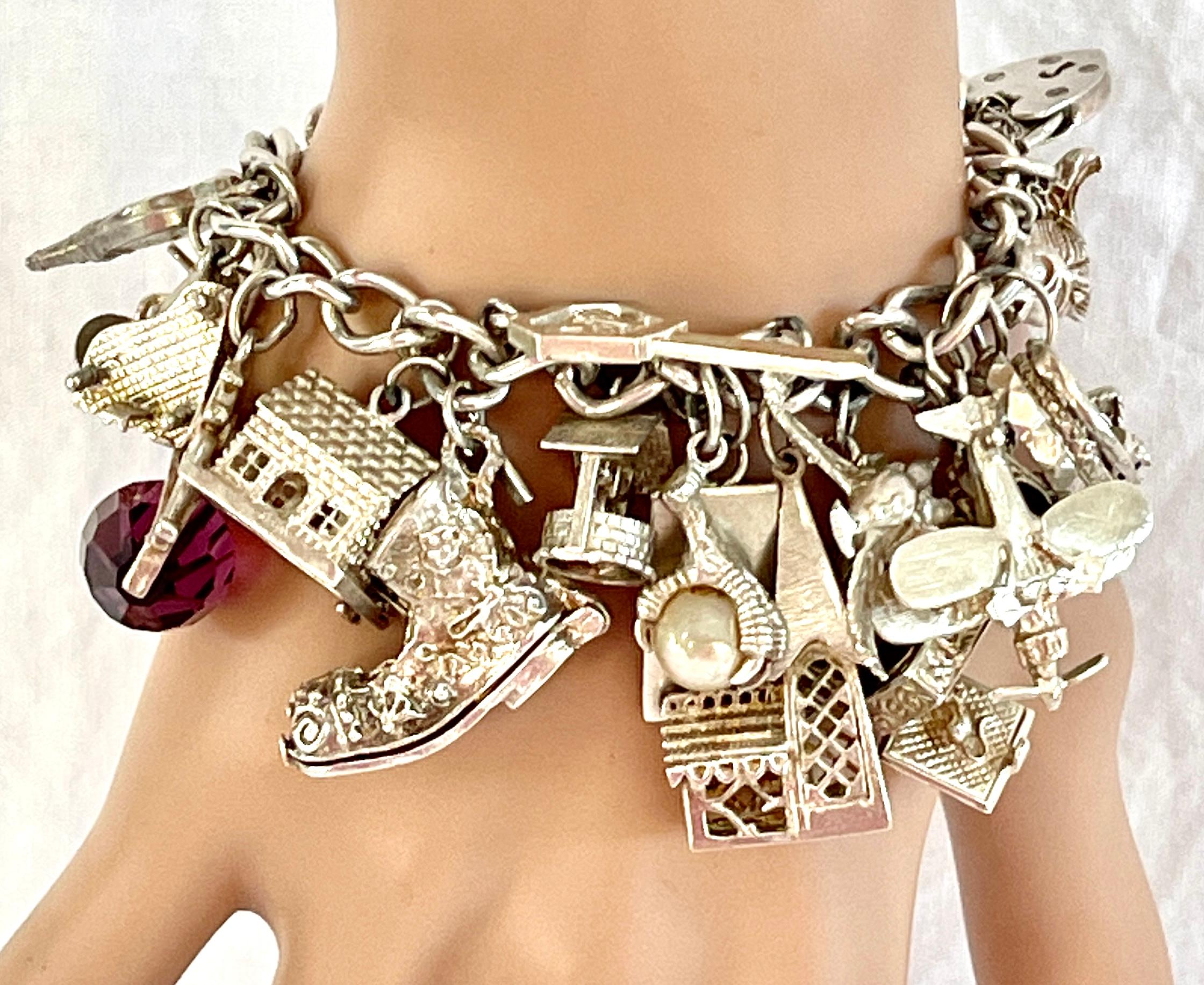 Retro Vintage Sterling Silver Charm Bracelet C1970s with Opening Charms In Good Condition In Mona Vale, NSW