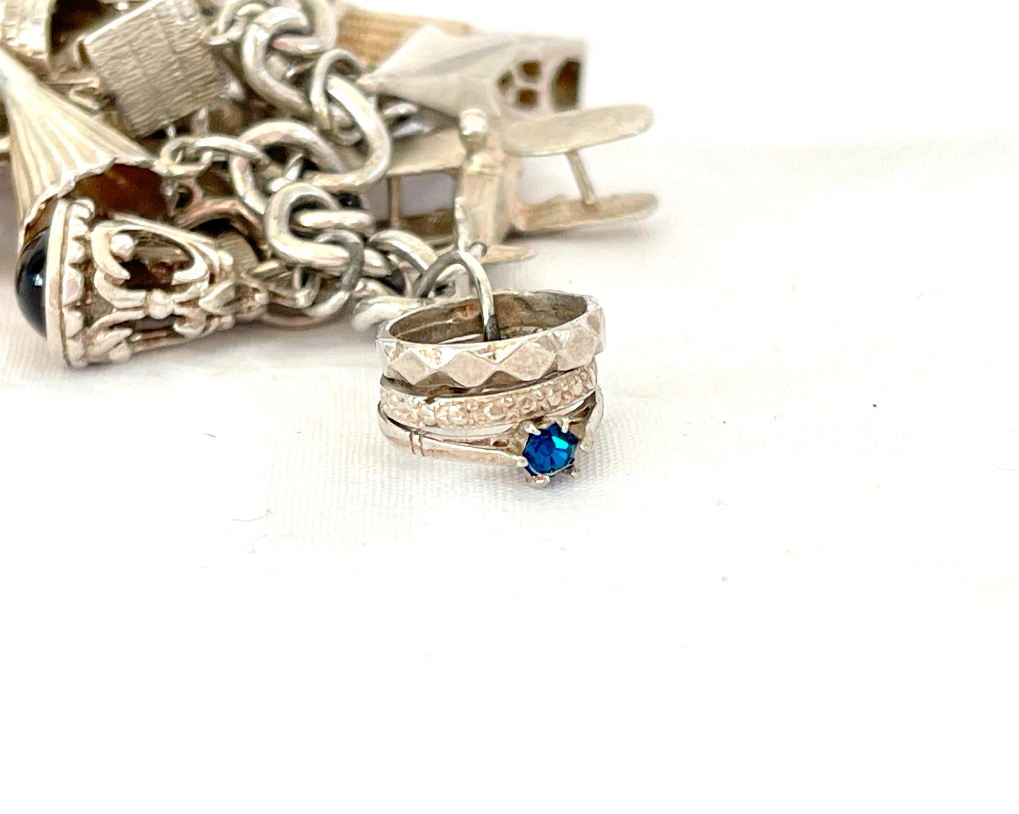 Women's Retro Vintage Sterling Silver Charm Bracelet C1970s with Opening Charms