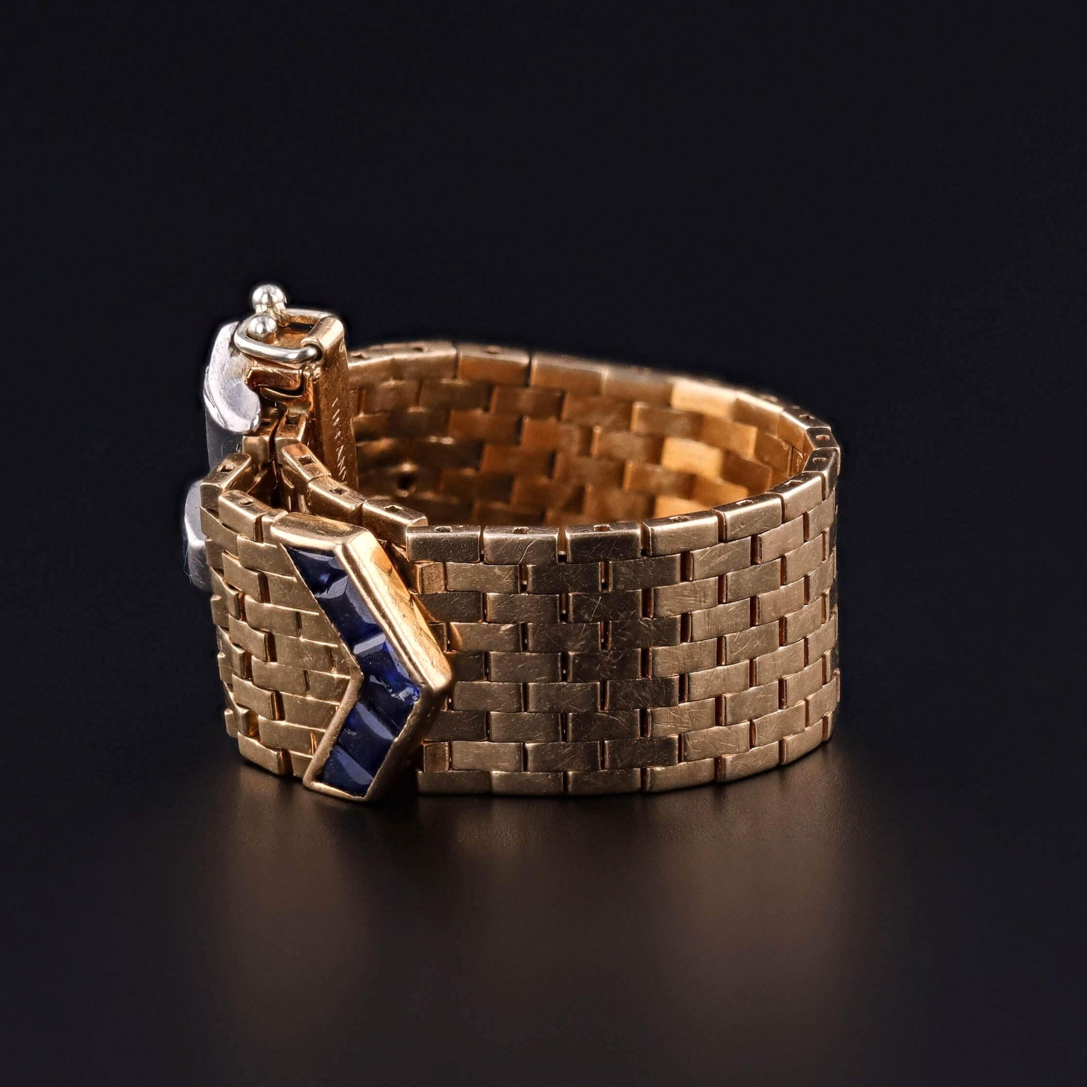 Round Cut Retro Vintage Tiffany Belt & Buckle Ring of 14k Gold Sapphire and Diamond For Sale