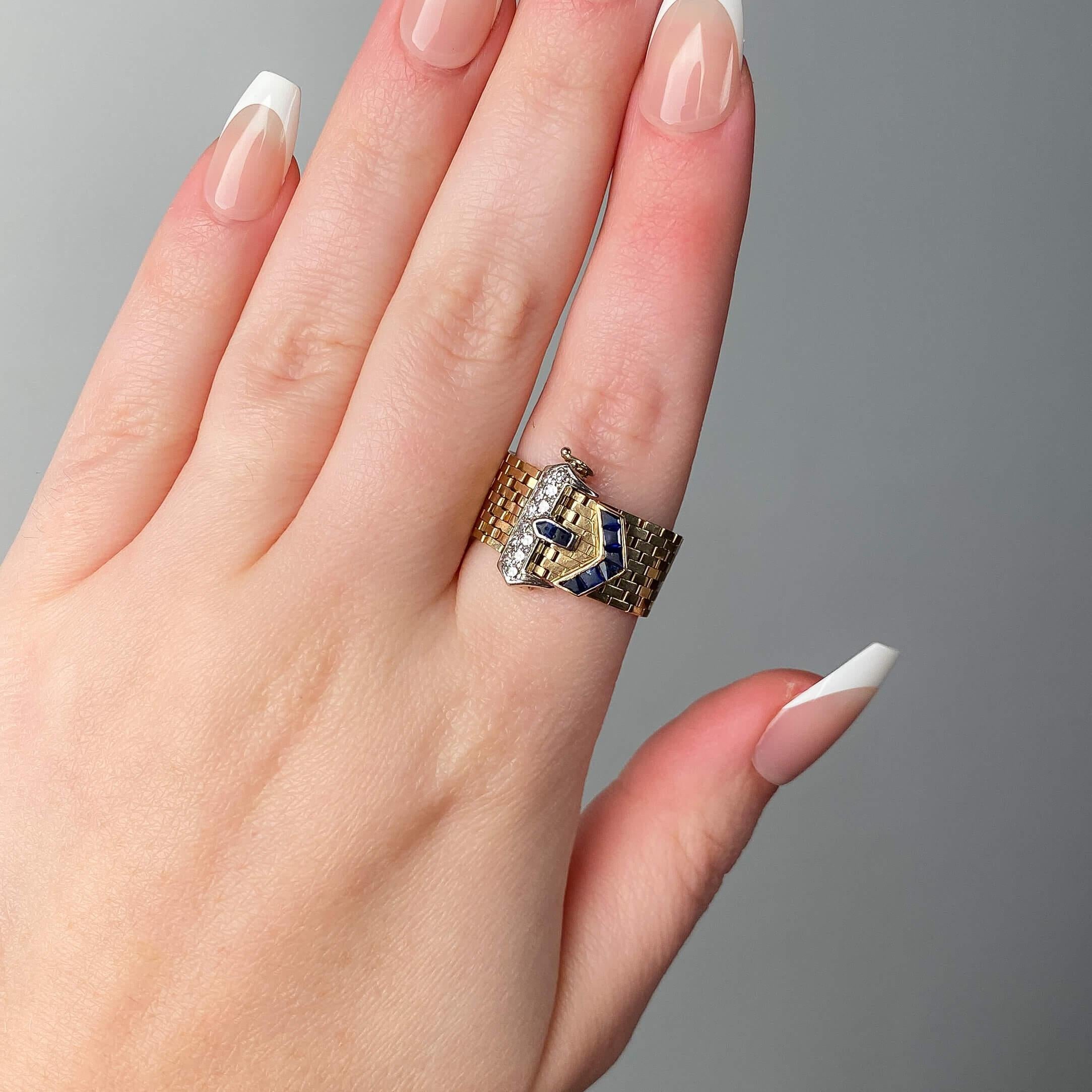 Retro Vintage Tiffany Belt & Buckle Ring of 14k Gold Sapphire and Diamond For Sale 2