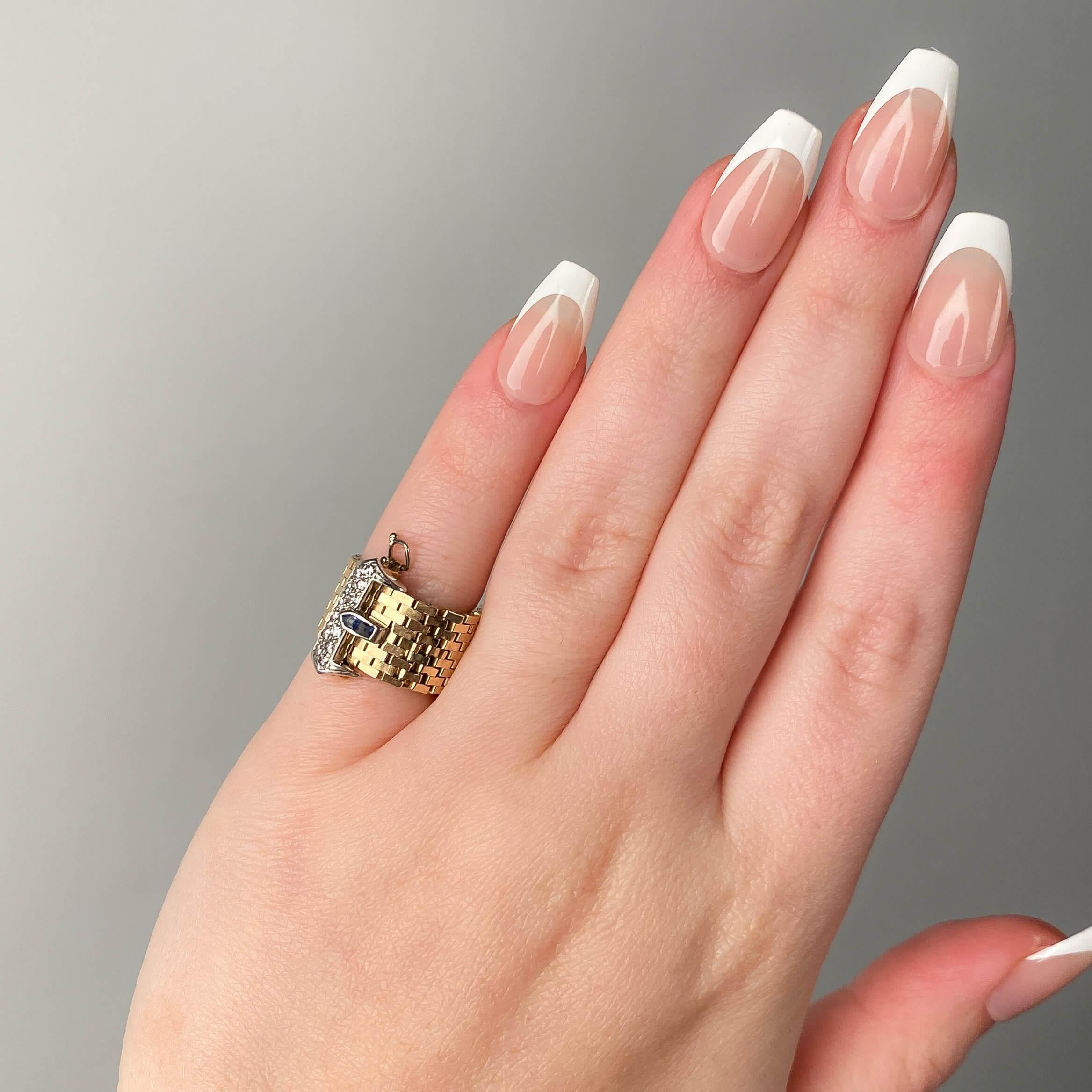 Retro Vintage Tiffany Belt & Buckle Ring of 14k Gold Sapphire and Diamond For Sale 3