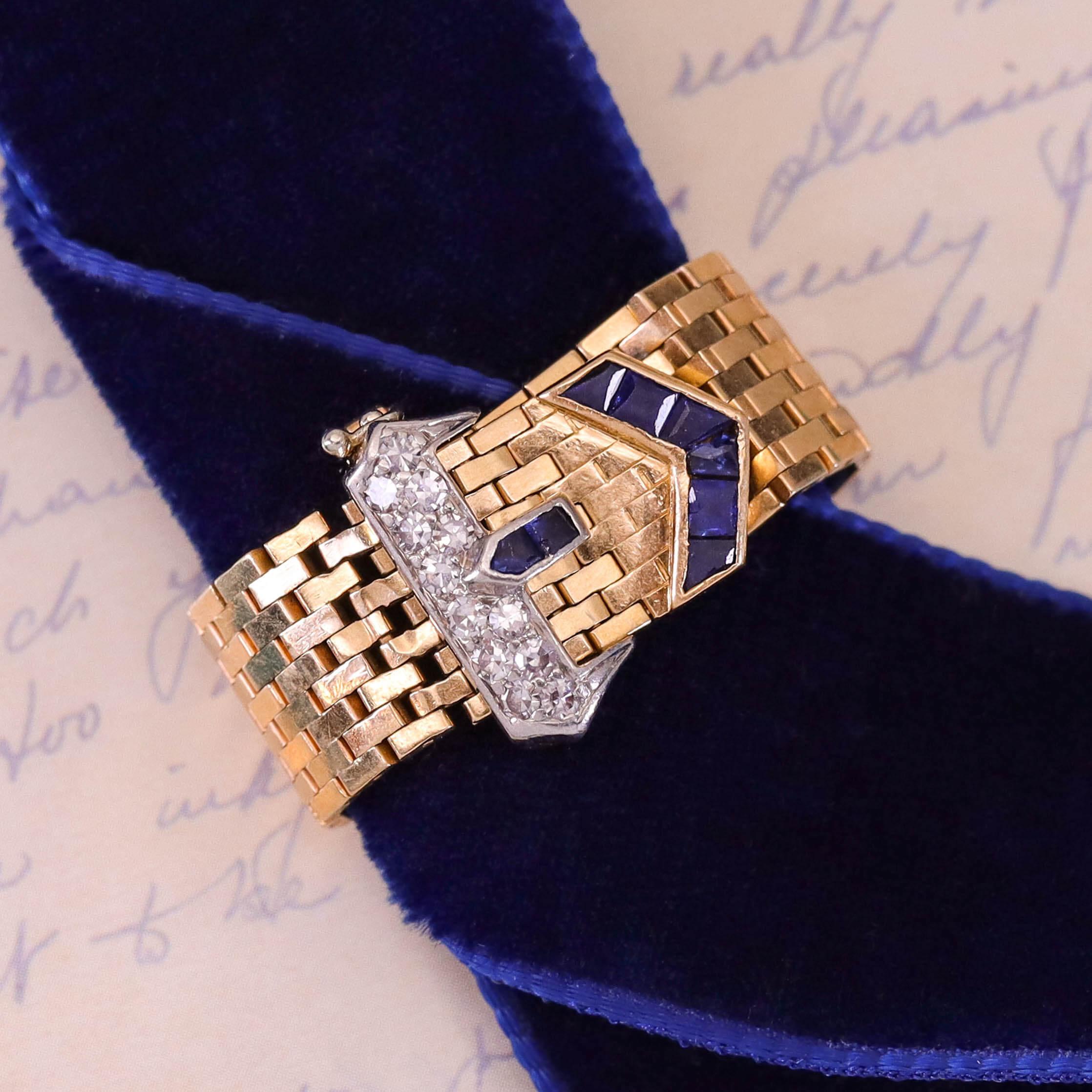 Retro Vintage Tiffany Belt & Buckle Ring of 14k Gold Sapphire and Diamond For Sale 4