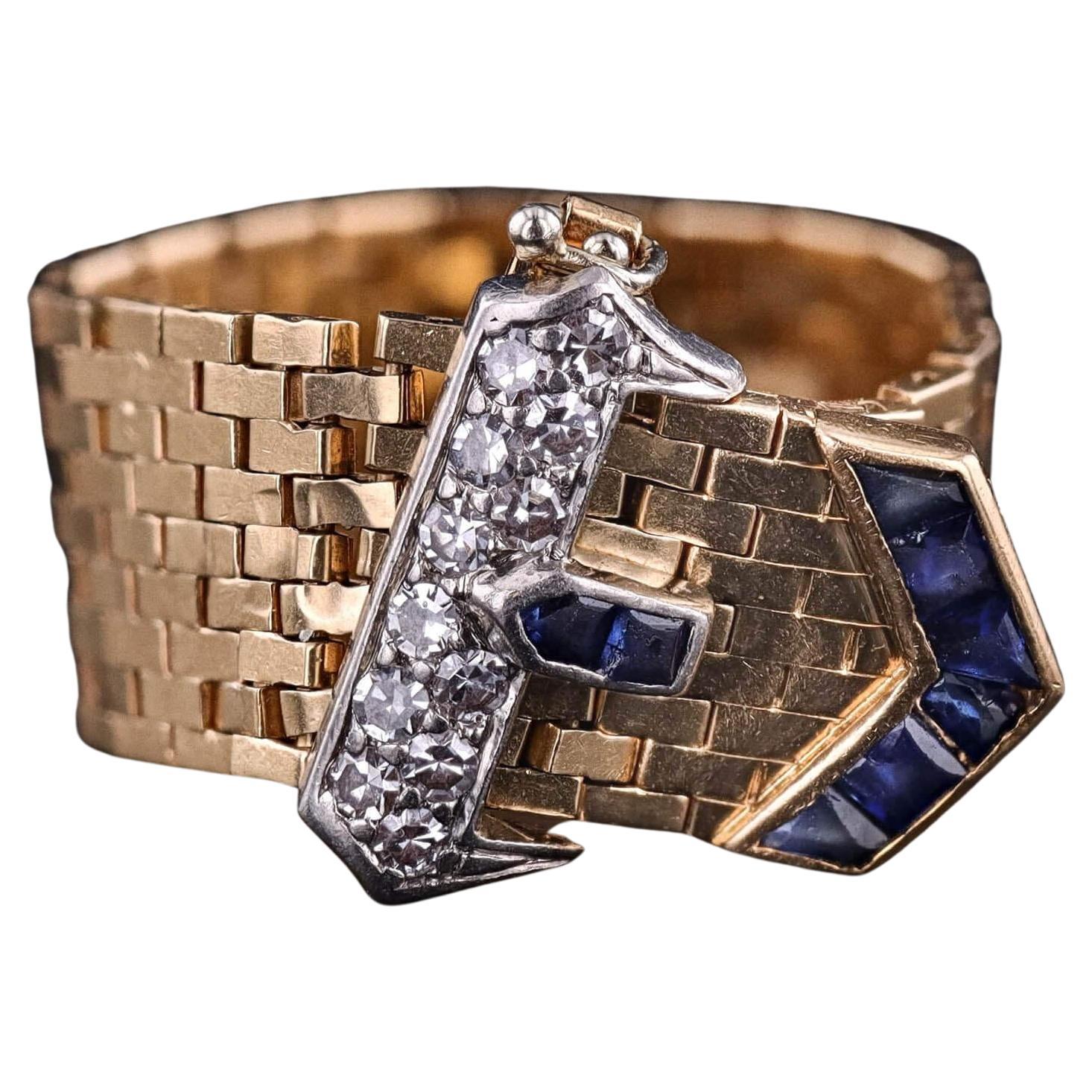 Retro Vintage Tiffany Belt 
Buckle Ring of 14k Gold Sapphire and Diamond For Sale