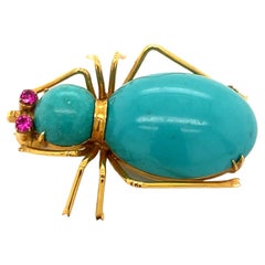 Retro Vintage Turquoise Ruby Eye Insect 14K Gold Brooch