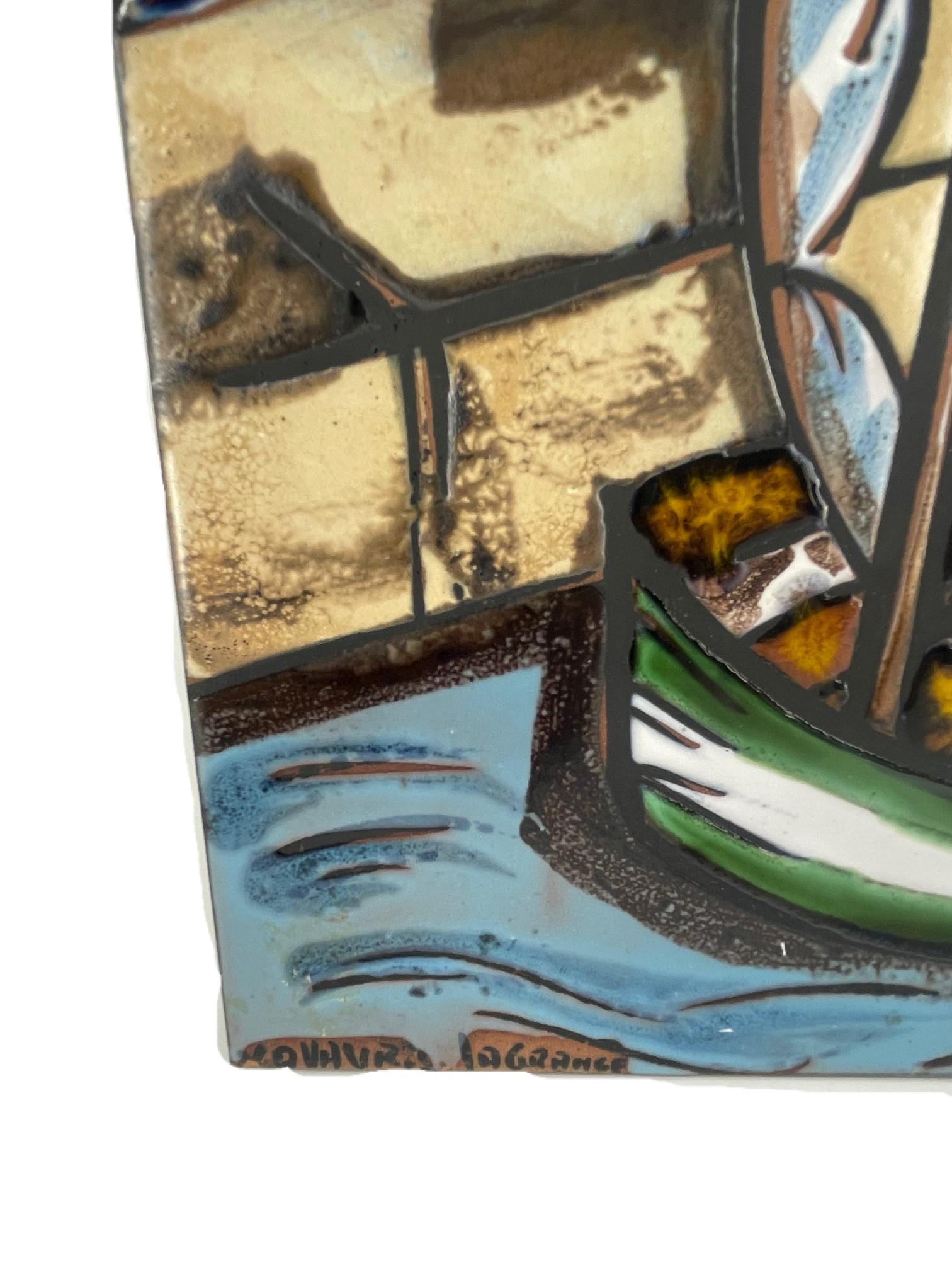 French Retro Vintage Wall Decoration with Glazed Tiles. Image of a Sailboat Hardbor For Sale