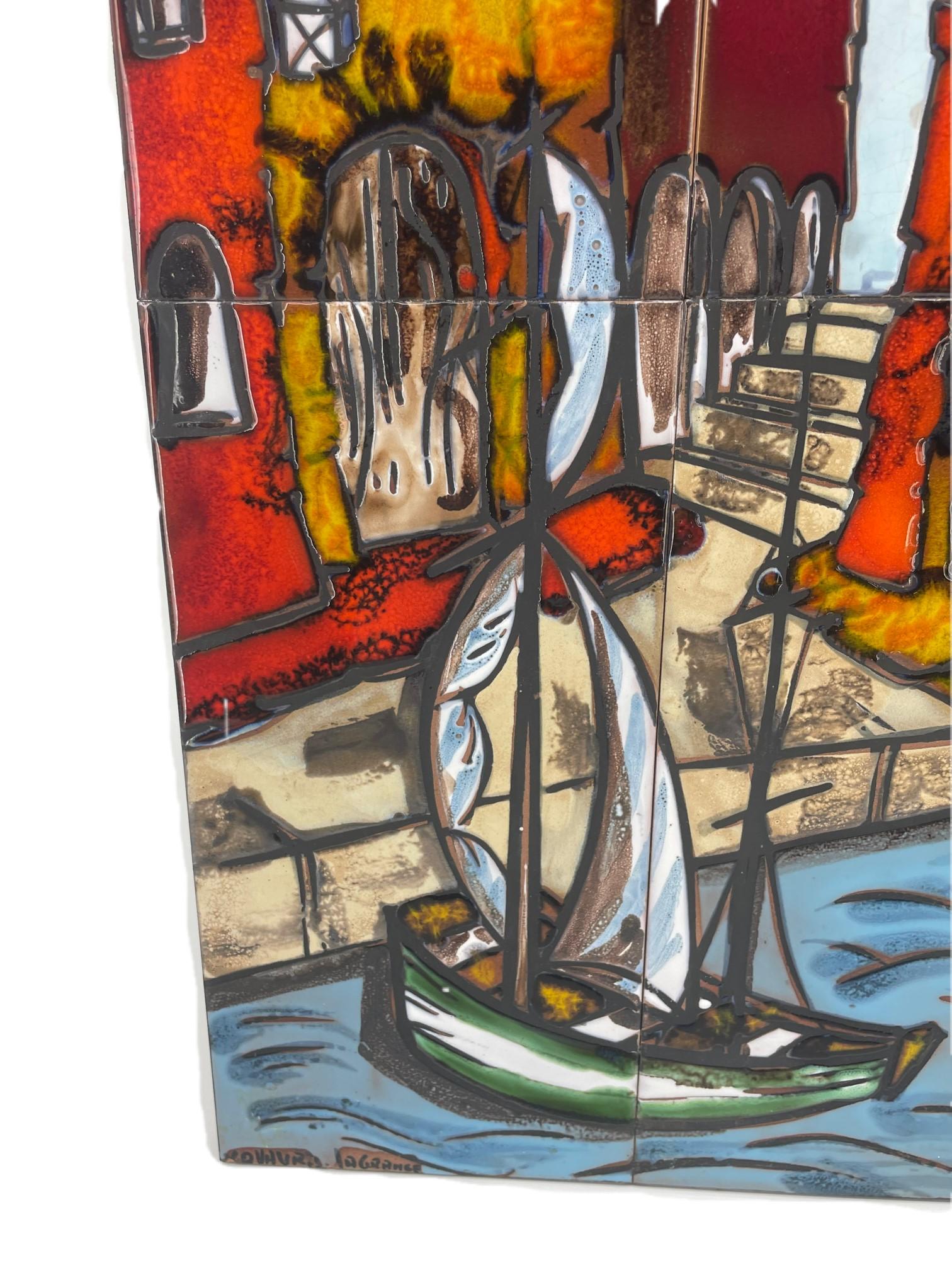 Hand-Crafted Retro Vintage Wall Decoration with Glazed Tiles. Image of a Sailboat Hardbor For Sale