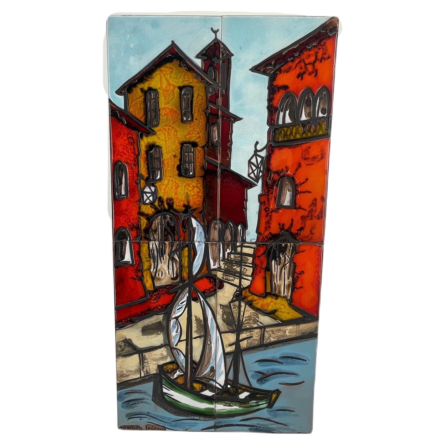 Retro Vintage Wall Decoration with Glazed Tiles. Image of a Sailboat Hardbor For Sale
