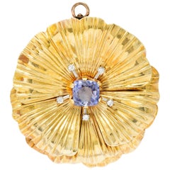 Retro Violet Sapphire Diamond 14 Karat Gold Floral Pendant Brooch