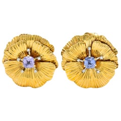 Retro Violet Sapphire Diamond 14 Karat Gold Flower Ear-Clip Earrings