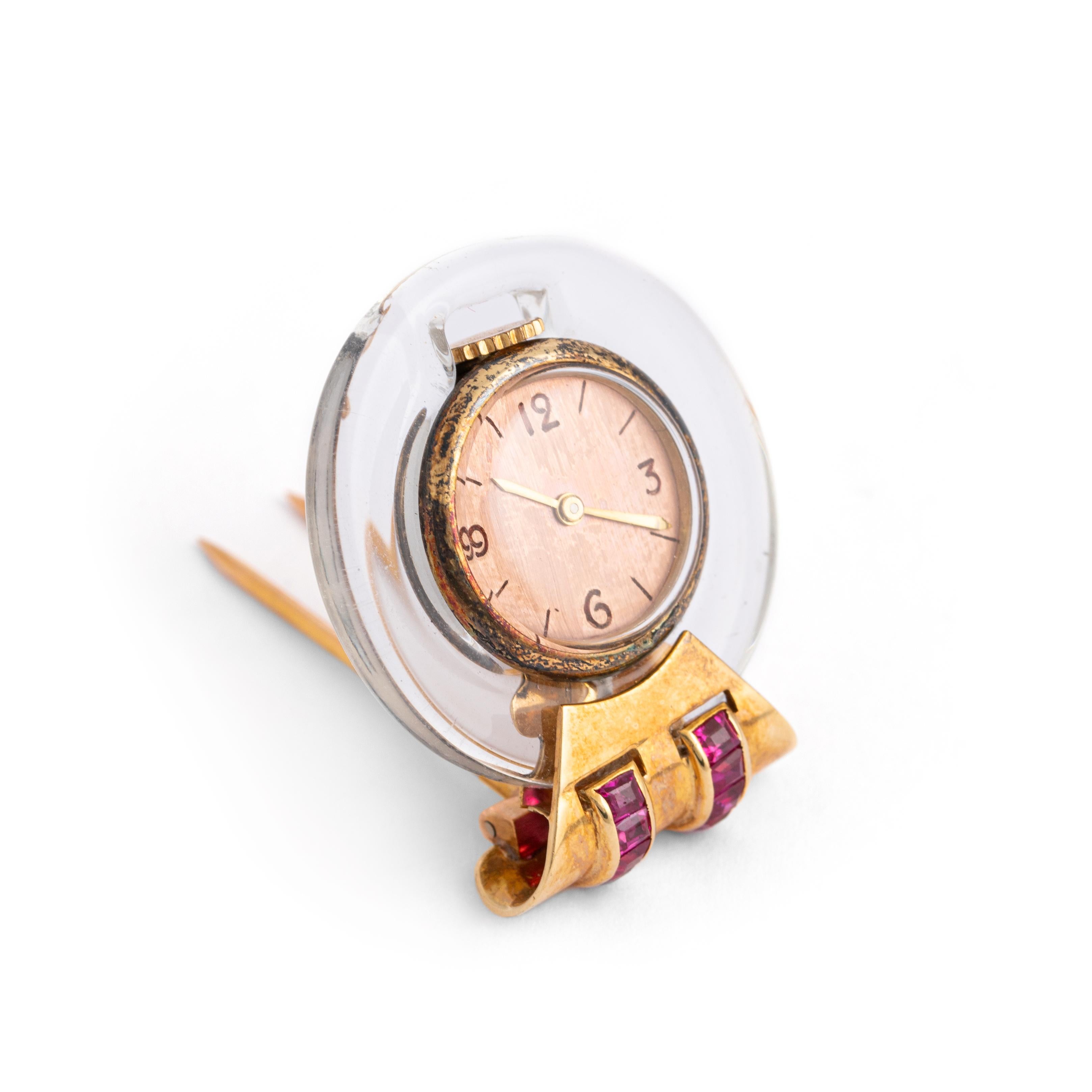 Rétro Orologio retrò Spilla in oro e rubino Circa 1945 in vendita