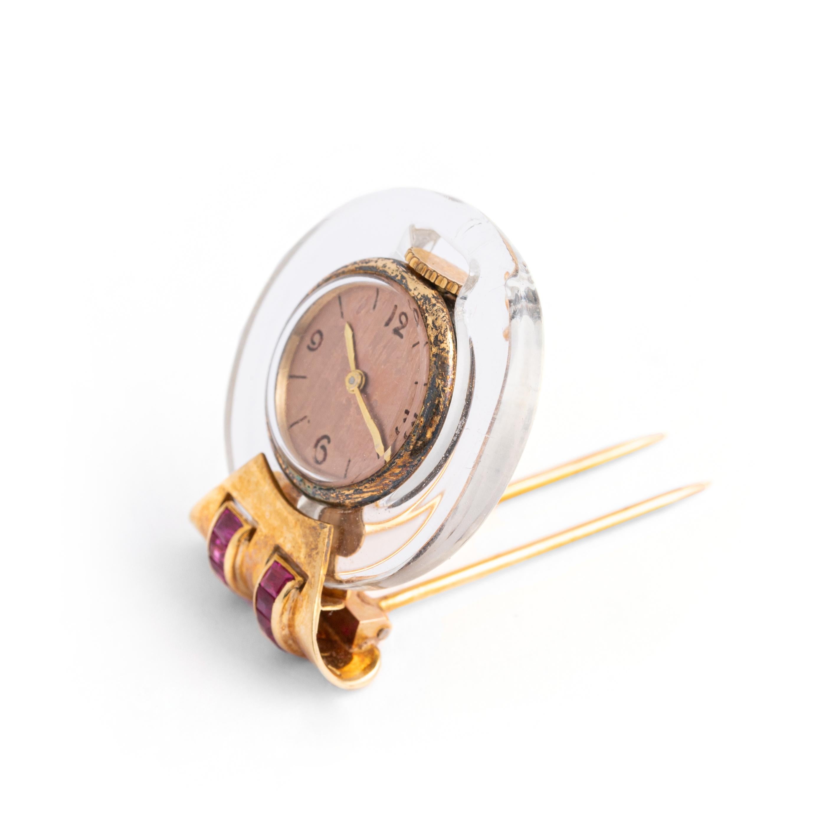 Orologio retrò Spilla in oro e rubino Circa 1945 In condizioni discrete in vendita a Geneva, CH