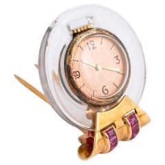 Retro Watch Gold Ruby Brooch Circa 1945