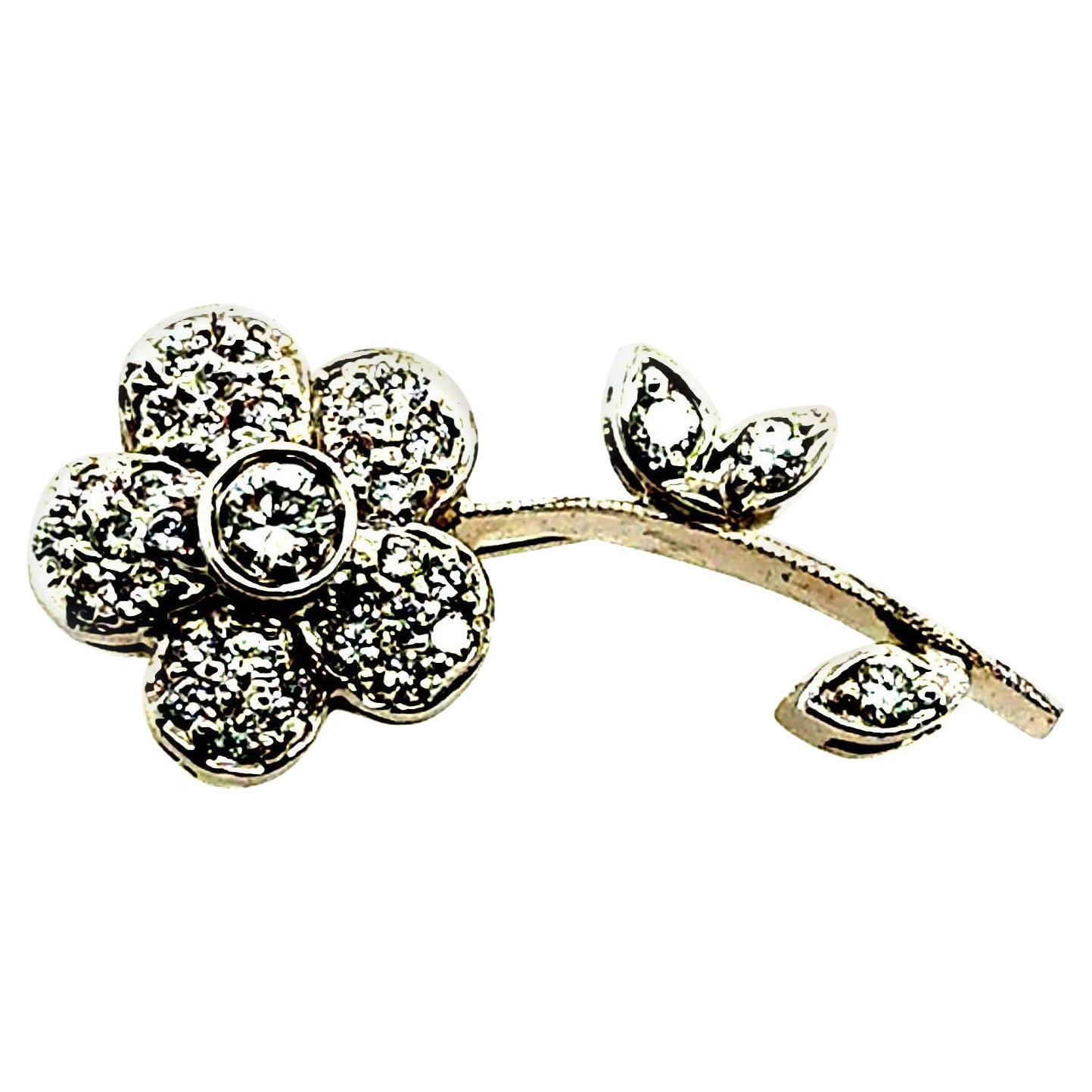 Retro White Gold 0.42 Carat Natural Diamond Flower Brooch Pin Circa 1970 For Sale