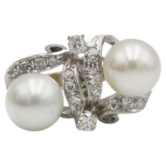 Retro White Gold Pearl and Diamond Cocktail Ring