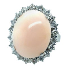 Retro White Gold Pink Coral & 1.2ct Natural Diamond Statement Ring Circa 1970