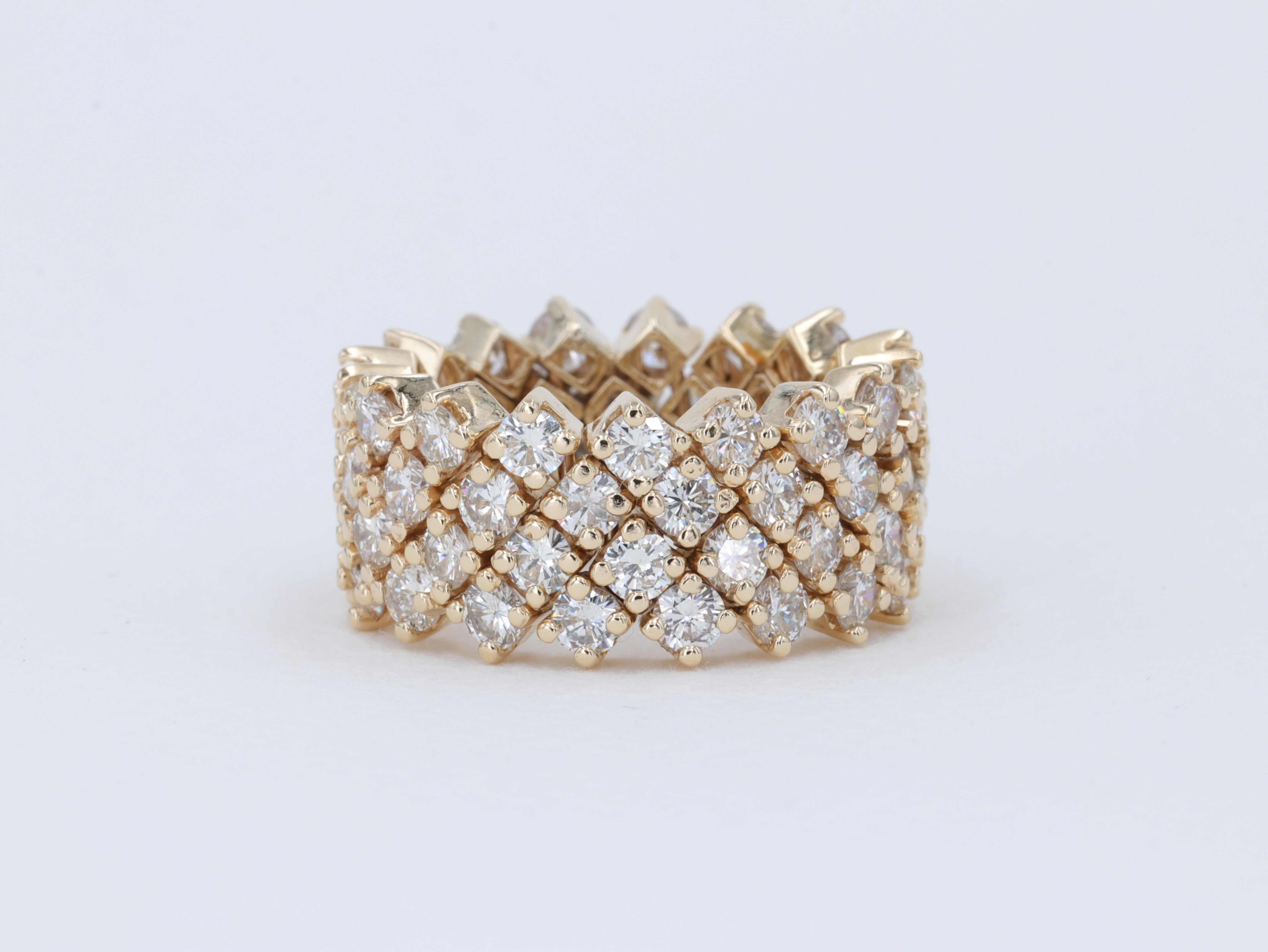 6.39 Carat Flexible 3 Row Round Diamond Eternity Band in 14 Karat Yellow Gold  In Good Condition In Tampa, FL