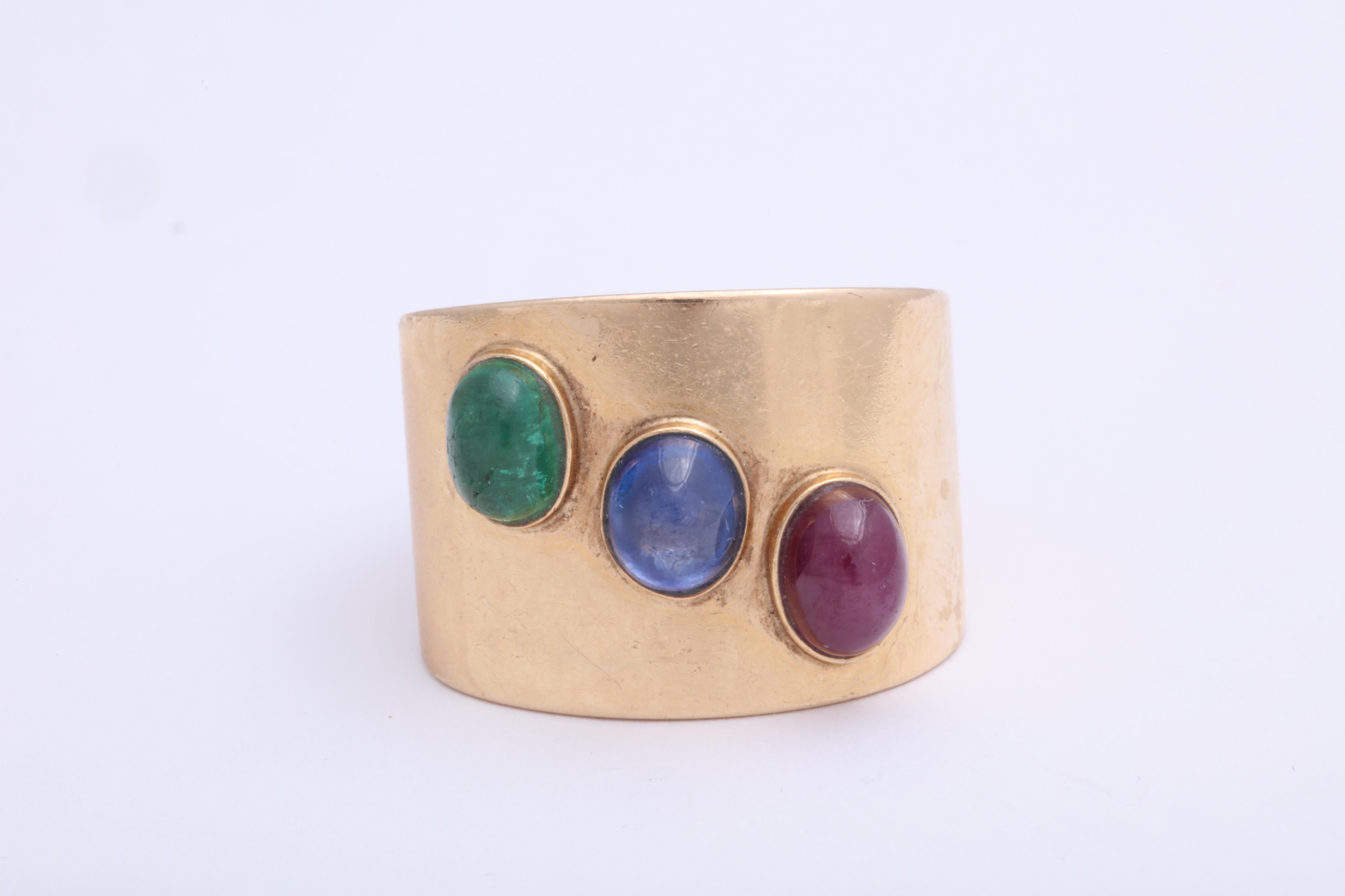 14Kt Wide Band with Cabochon Ruby , Sapphire =, and Emerald Ring - Oist Retro - Ca 1950.  Very high style.  Certainly a ring that will be noticed and make a statement. Size 5 1/2 but could be made larger or perfect for a pinky.