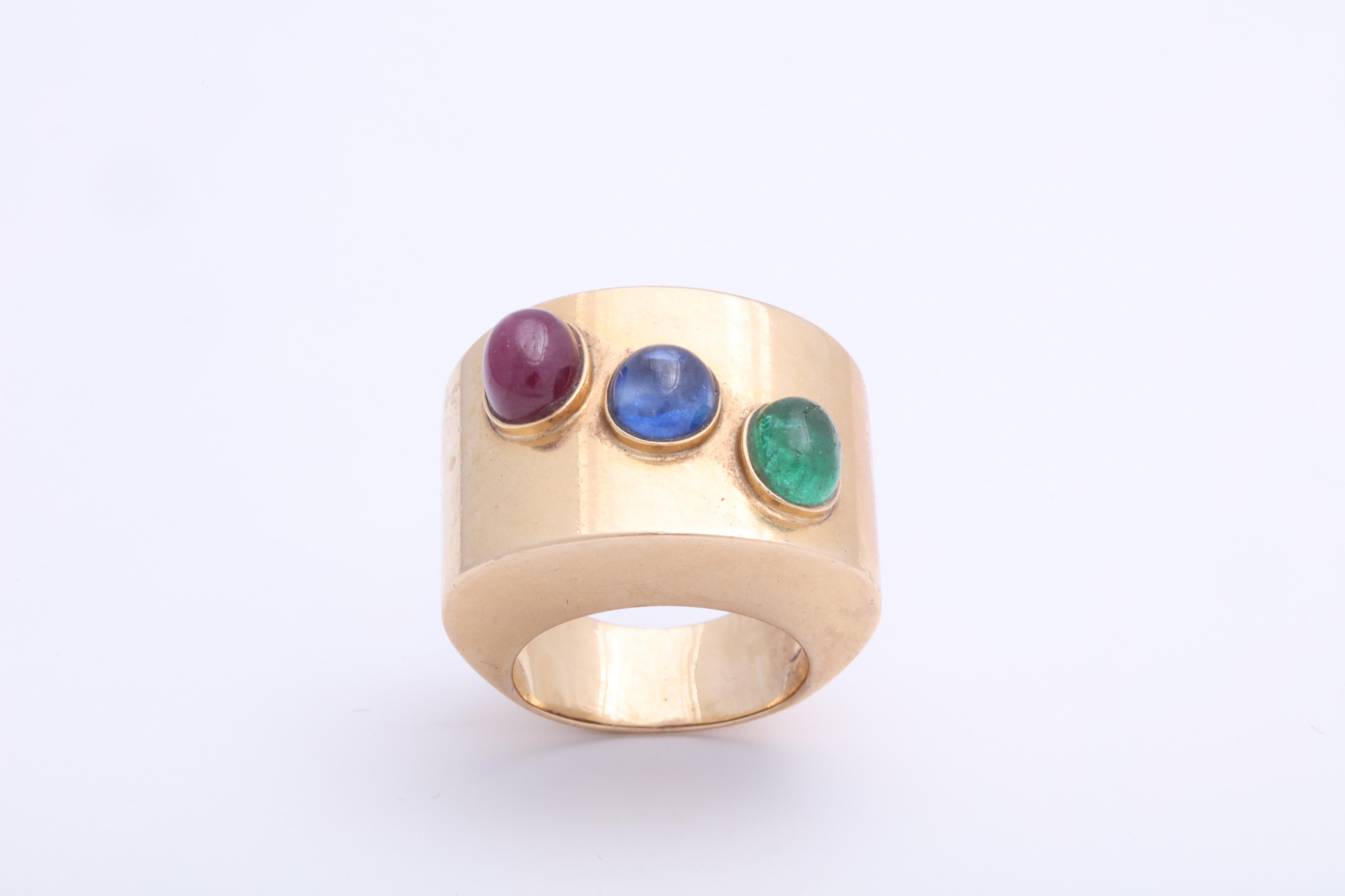 Retro Wide Band with Cabochon Ruby, Sapphire and Emerald Ring For Sale 1