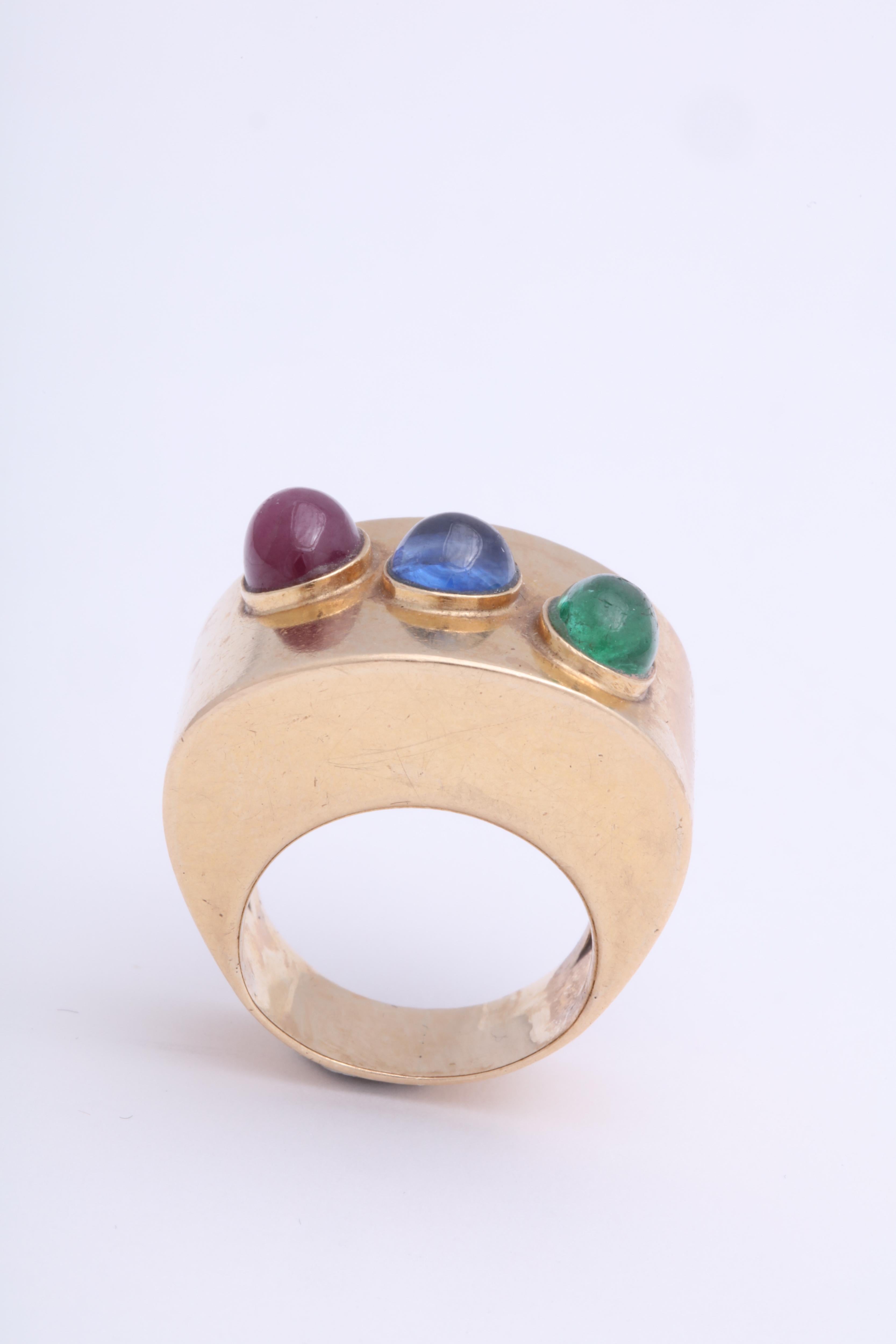 Retro Wide Band with Cabochon Ruby, Sapphire and Emerald Ring For Sale 2