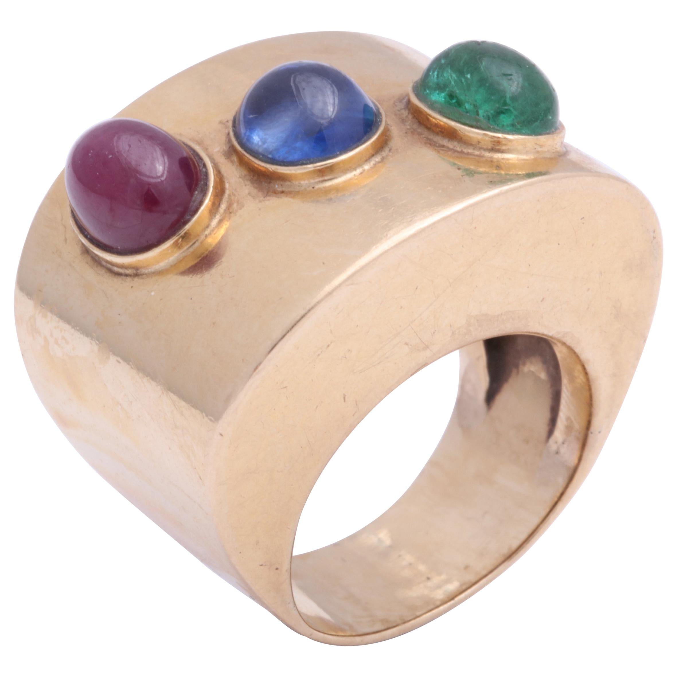 Retro Wide Band with Cabochon Ruby, Sapphire and Emerald Ring For Sale