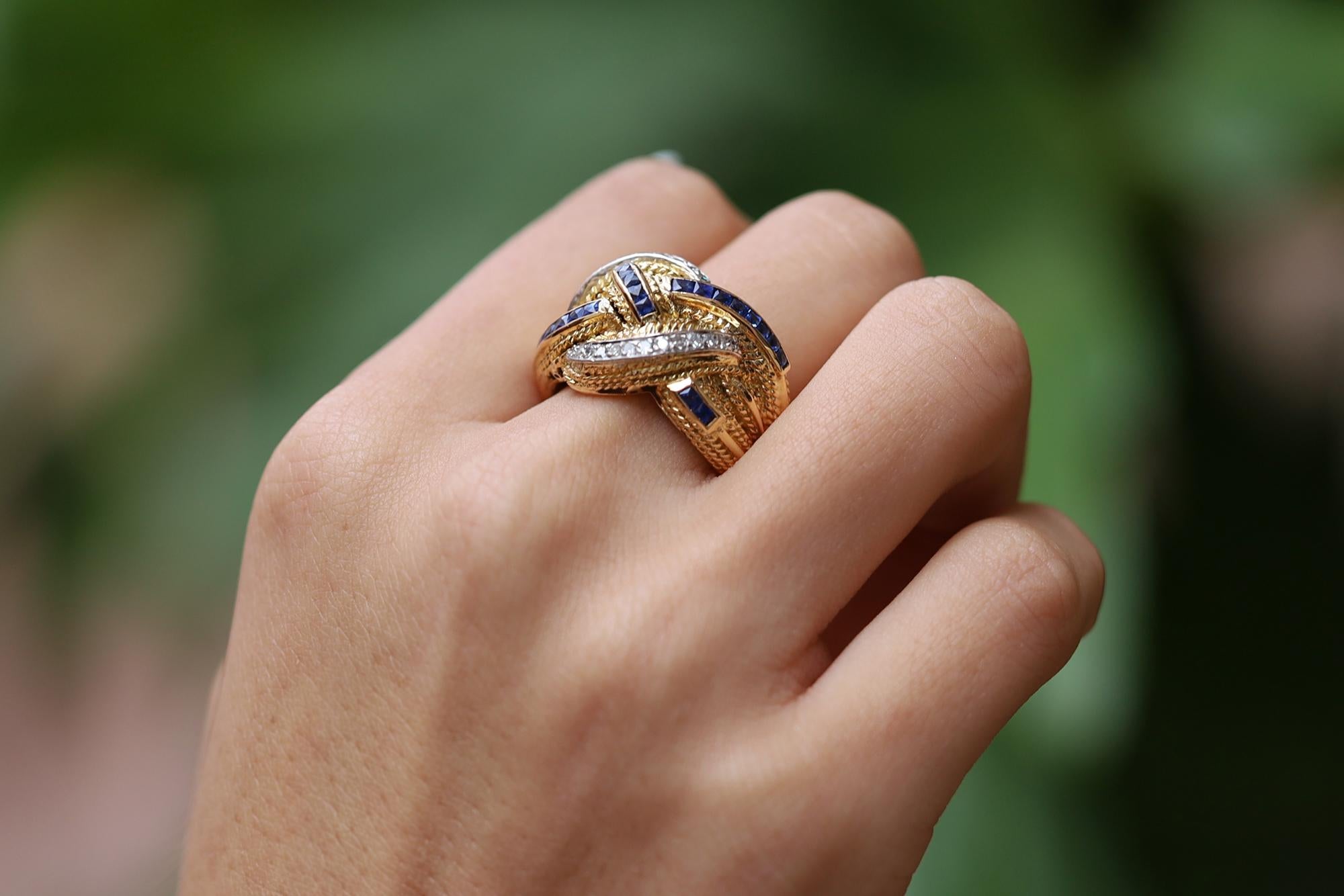 French Cut Retro Wide Braided Band Sapphire and Diamond 18k Gold Cocktail Ring For Sale