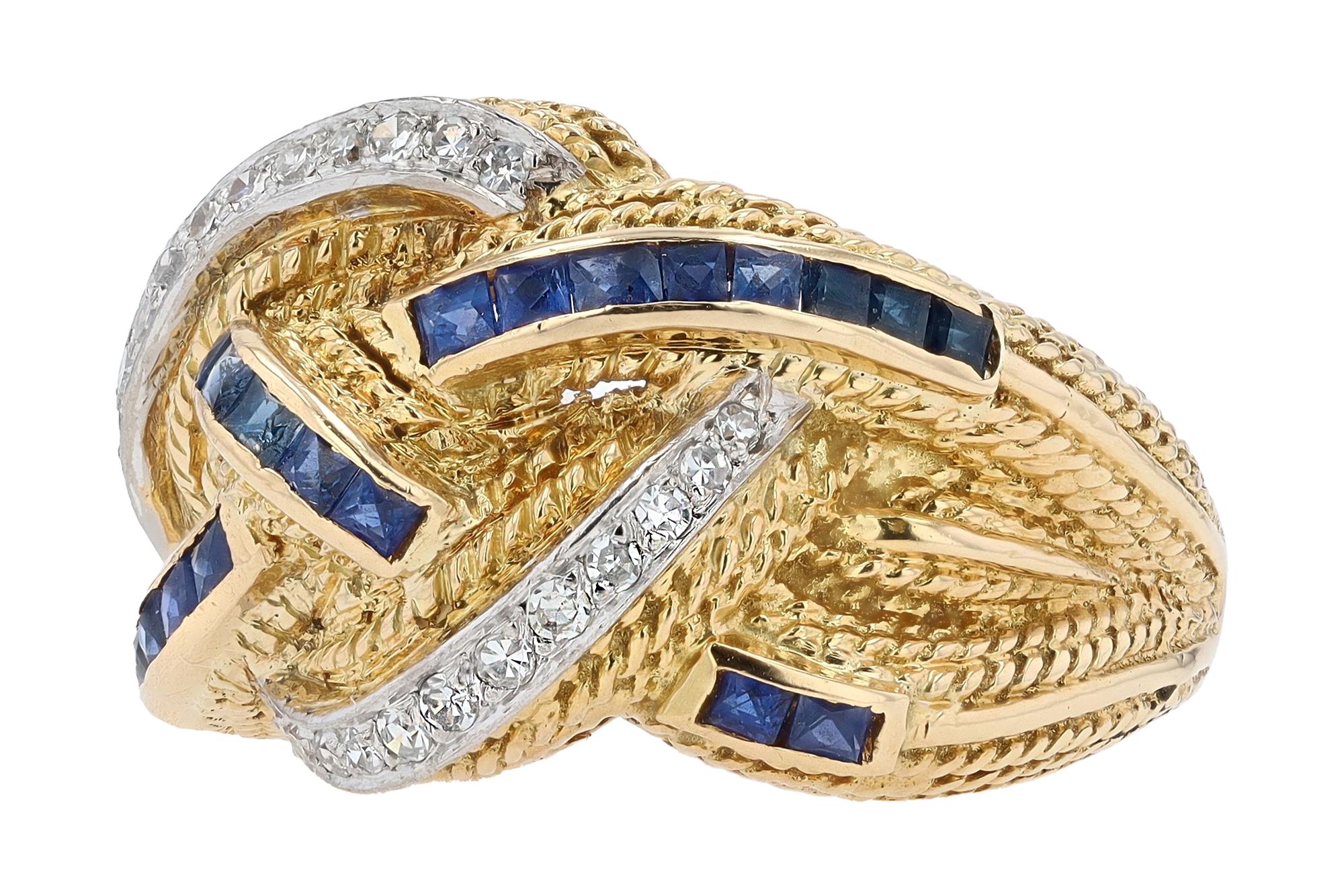 Retro Wide Braided Band Sapphire and Diamond 18k Gold Cocktail Ring In Good Condition For Sale In Santa Barbara, CA