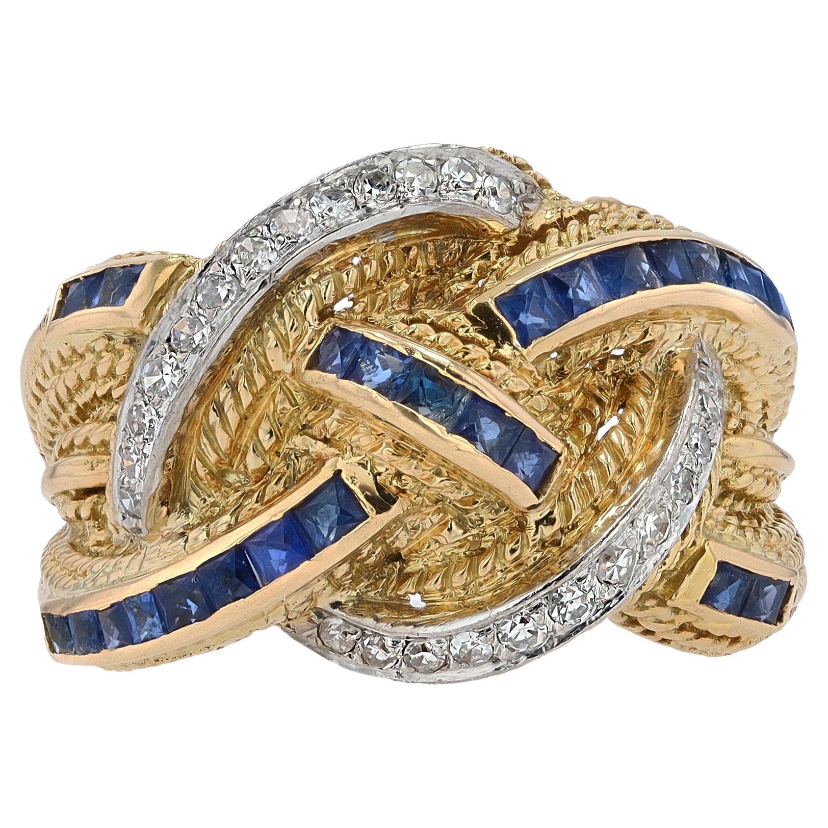 Retro Wide Braided Band Sapphire and Diamond 18k Gold Cocktail Ring For Sale