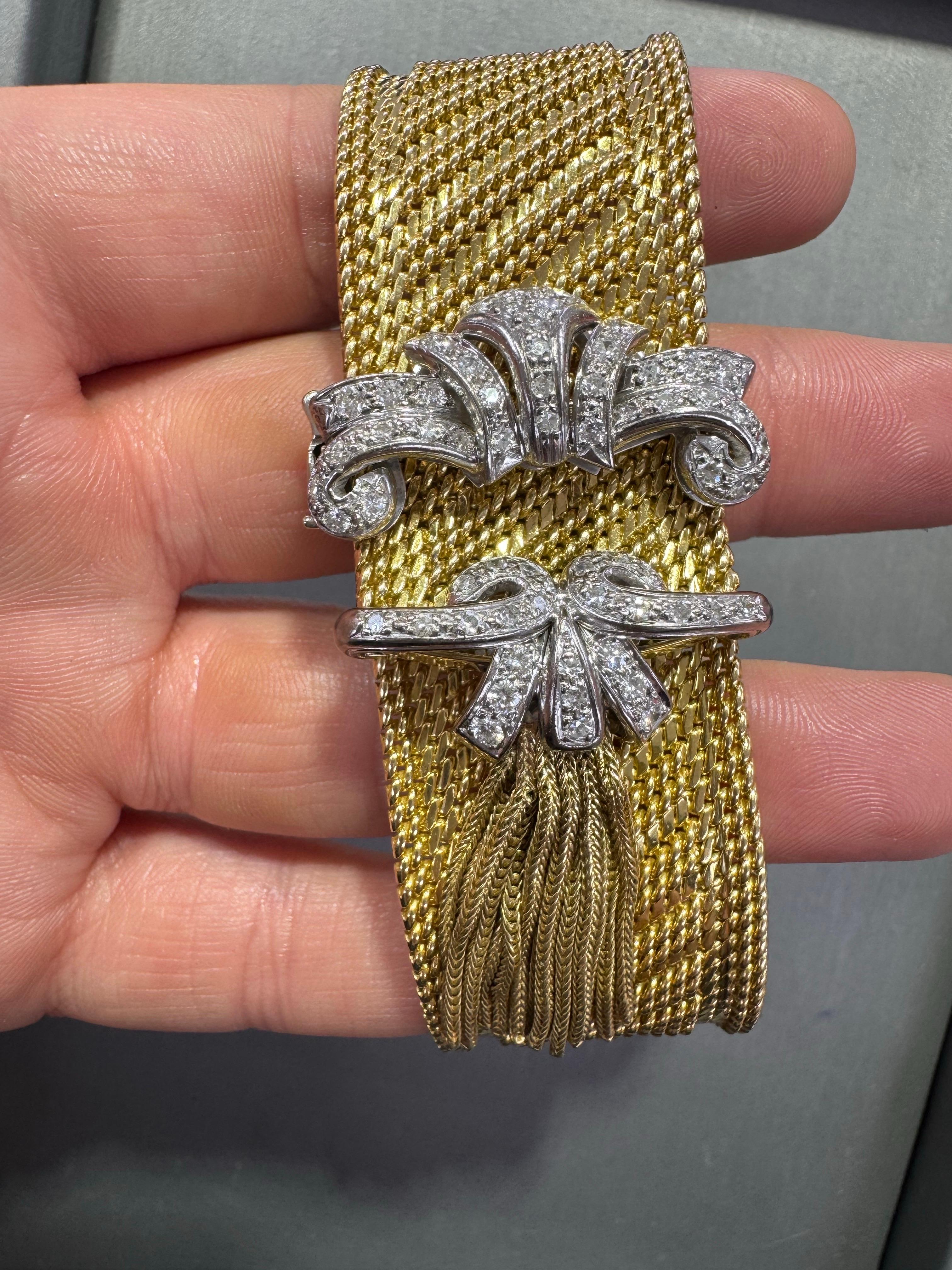 Pulsera retro con cierre de borla y hebilla ancha de diamantes 1,50 CTS Oro de 18 quilates 107,3 gramos en venta 8