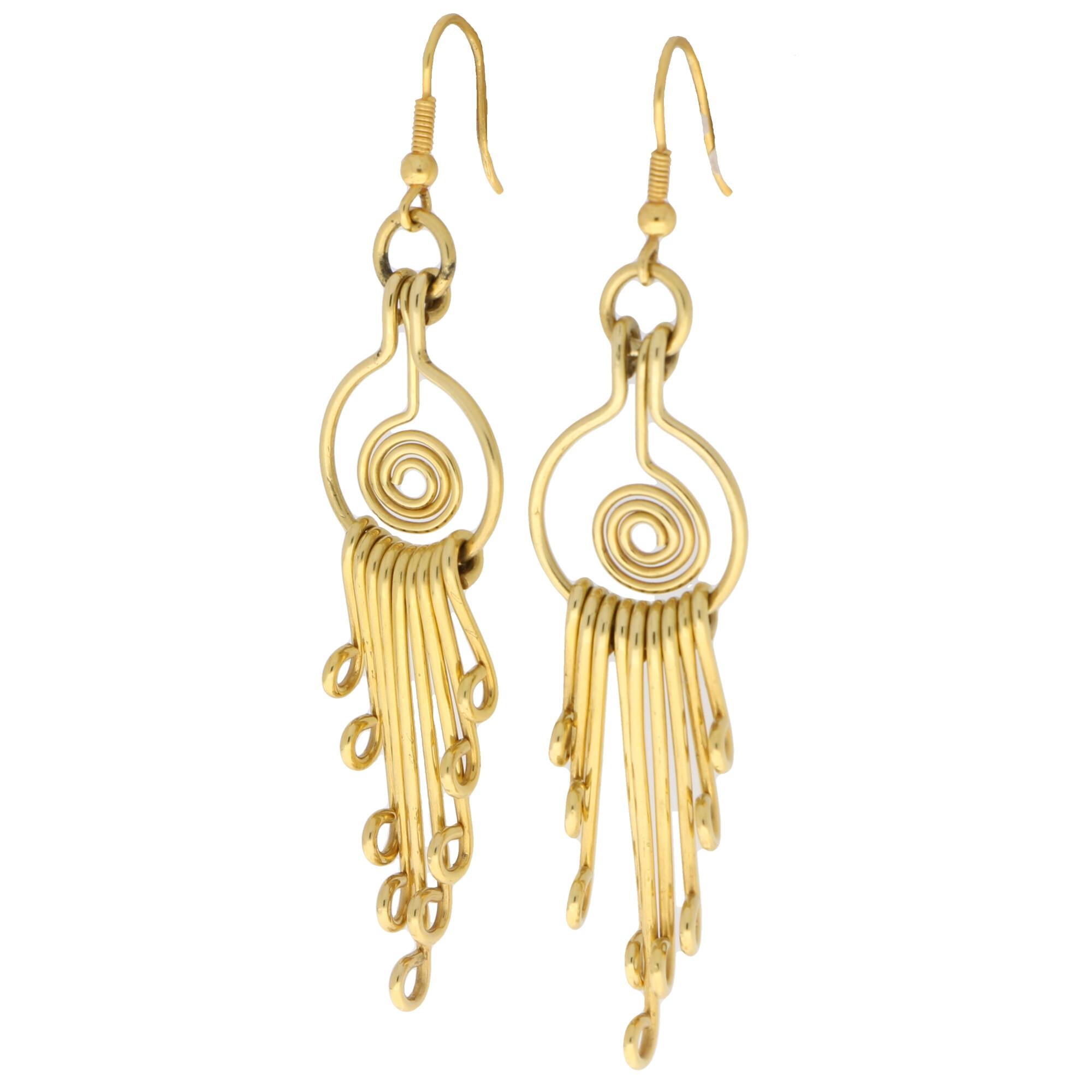 Retro Wire-Work Swirl Dangle Drop Earrings Set in 18 Karat Yellow Gold In Good Condition For Sale In London, GB