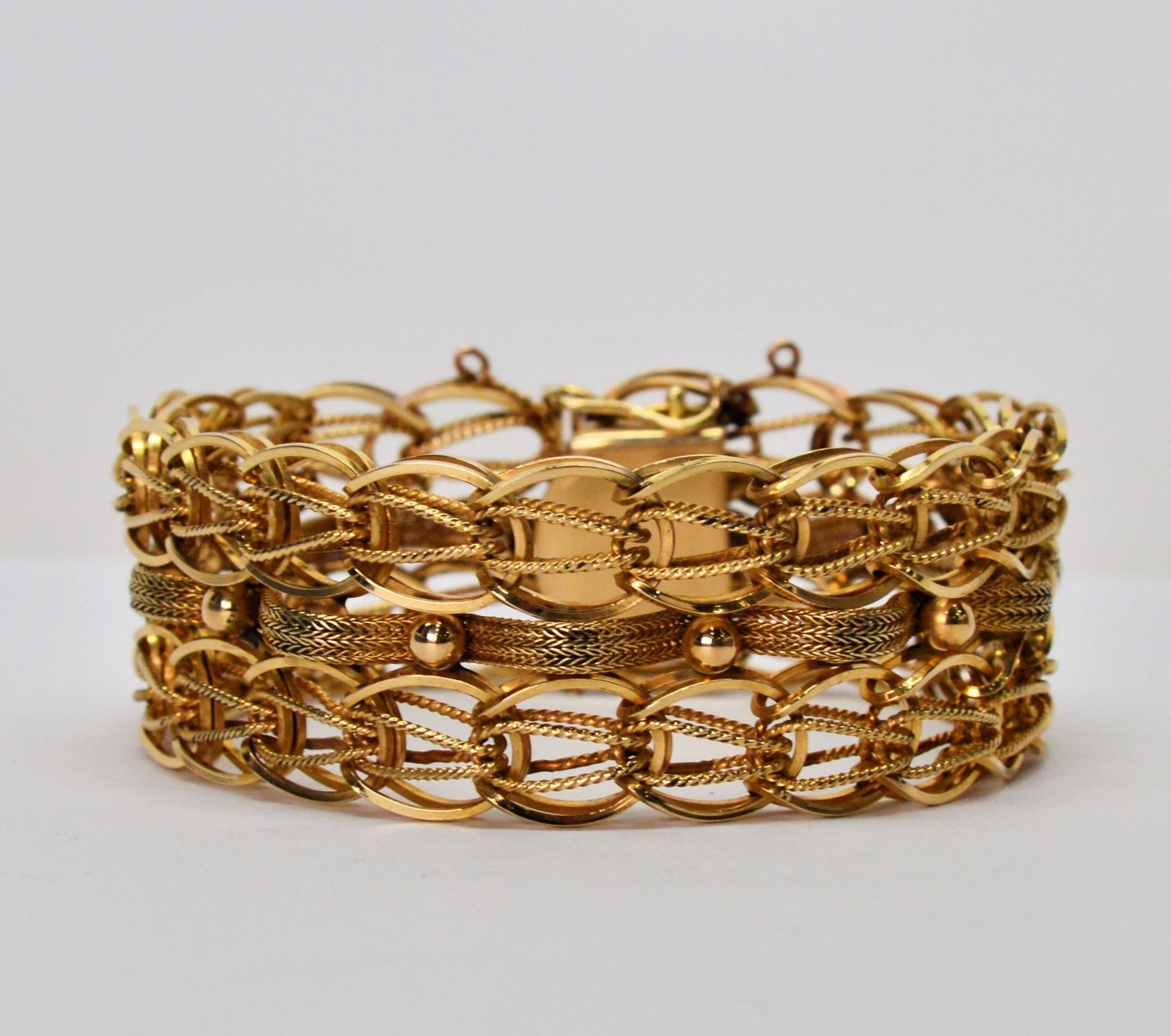 Women's Woven 14 Karat Yellow Gold Wide Link Chain Retro Bracelet